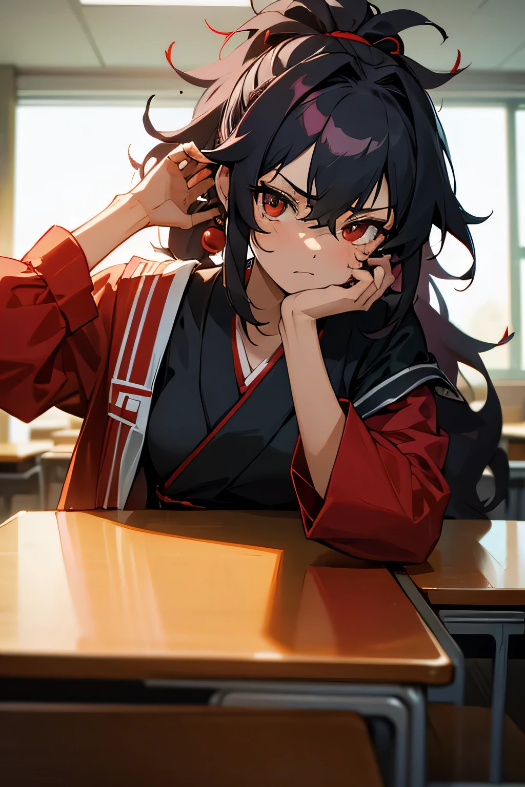 Tall, Badass, Kuudere, Red and Black Mixed wavy, messy and ponytailed hair, Tan skin, a small scar on her left red vermillion eye, dark black pince-nez sunglasses on top of her head along with a pearl earring in her right ear, she wears a standard Japanese high school outfit in classroom which appeared to be in the noon while she sits on her desks bored.