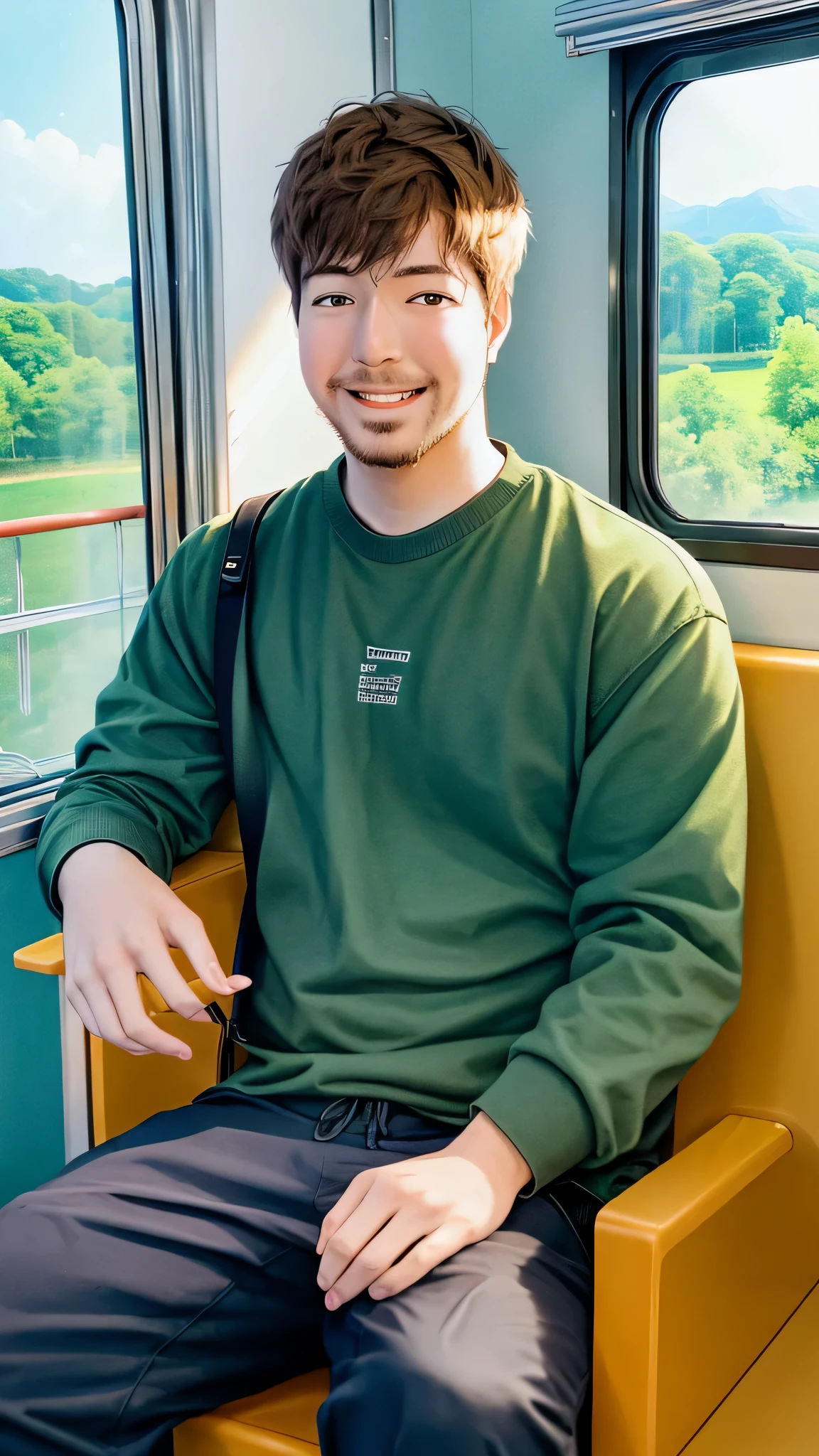 Jimmy enjoy the train ride, his happy feel the moment with beautiful nature, outside window, realistic image HD quality. 