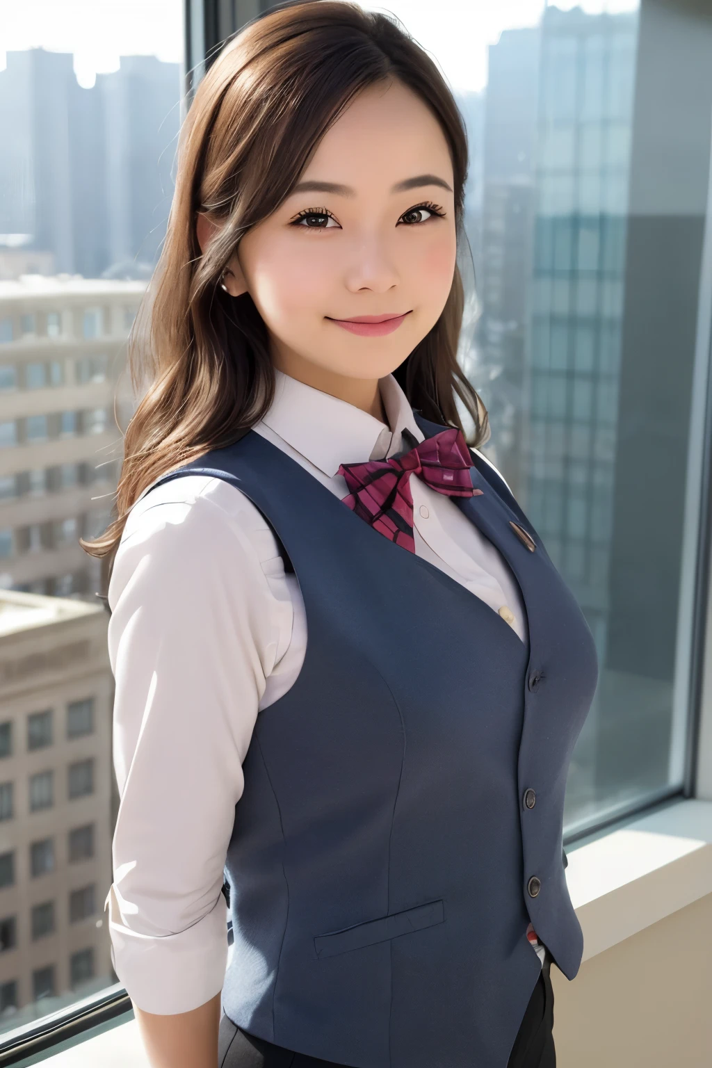 1girl, d female, vest, bow, photo, realistic, best quality, hires, detailed face, office, buildings from window, detailed background, diffused sunlight, depth of field, bokeh