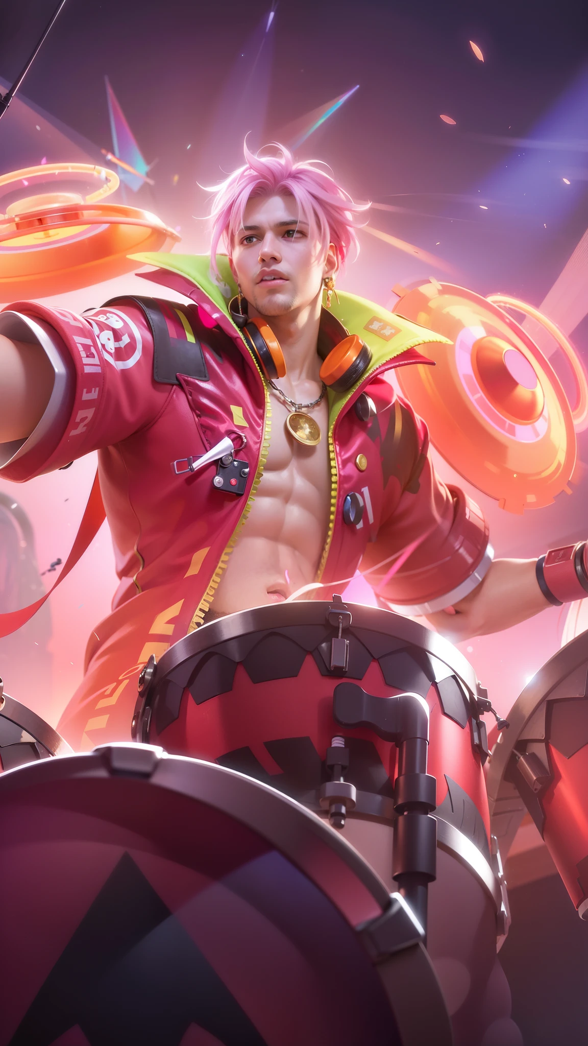 (8k, RAW photo, photorealistic:1.25), best quality, ultra highres, depth of field, chromatic aberration, caustics, Broad lighting, natural shading, ultra detailed texture, hyper realistic, detailed texture, detailed face, detailed skin, detailed hair, real hair, detail eyes, cinematic background, a close up of a man with pink hair and a colorful outfit, earrings in ears, headphone, a man with a pink jacket and a drum in his hand