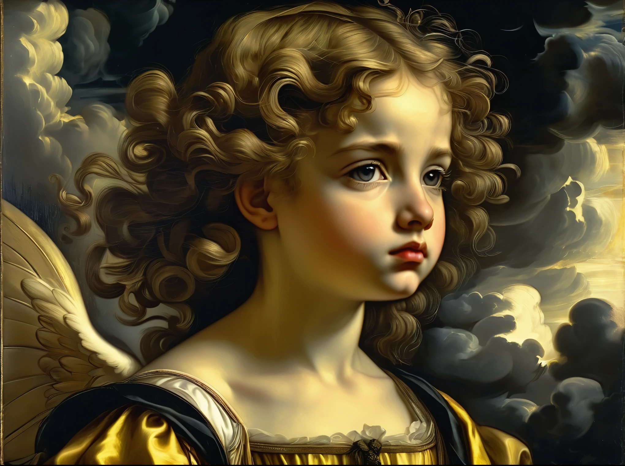  cupid girl, solo, in dark clouds, black sad eyes, half-turned look at the viewer bowed head, tunic, curly brown hair, ((Francesco Parmigianino style)), dark Renaissance, gradient of aged yellowed canvas,((better quality, masterpiece)), (higher detail), Impressionism:1.1 , 8k