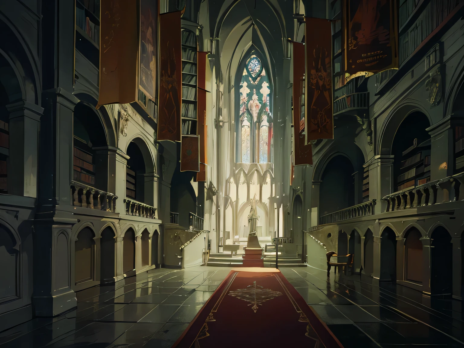 There is a long hallway with red carpet and large windows, with a cathedral background, interior background art, anime scenery concept art, Gothic epic library concept, Decadent Throne Room, concept art stunning atmosphere, dramatic lighting. concept art, anime background art, Interior of a magnificent gothic castle, background art, Stunning Arcanum background, library of ruina concept art