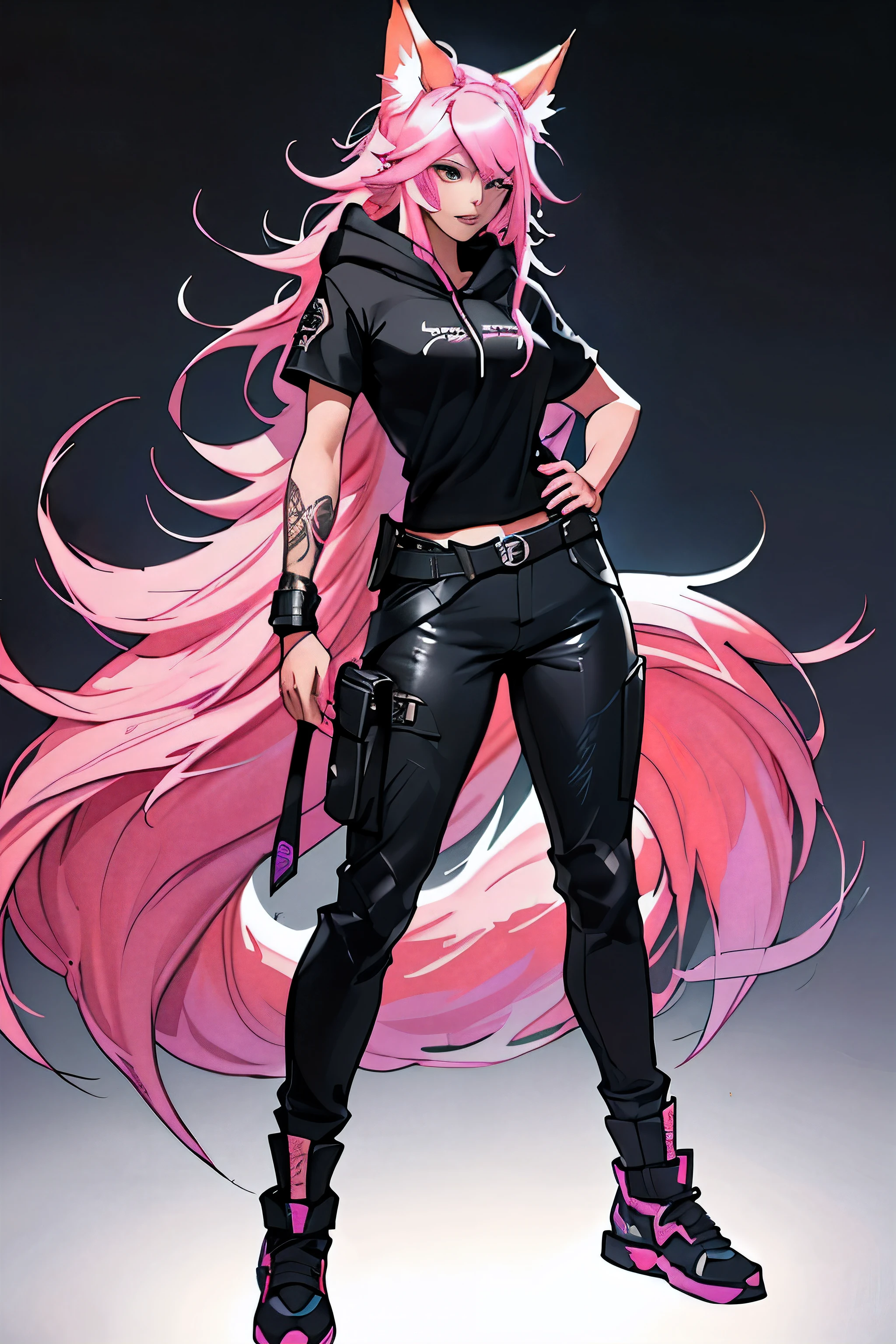 1 girl, ahri league of legends, Nine-Tailed Fox, wavy hair, pink hair, long hair and fox ears, teenager, hoodie, pants, black clothing, colourful hair, light background, full body, teenager, tribal tattoo, colorful parts, sketchbook, hand drawn hand, symbols, dark , bold, realistic sketch, sketch, mixing dark lines and loose lines, bold lines, on paper, turn on character sheet, human woman, grey eyes, full body, imposing pose, lots of details, stylish outfit, symbols, runes , dark theme , black shirt, beautiful, pretty, modest