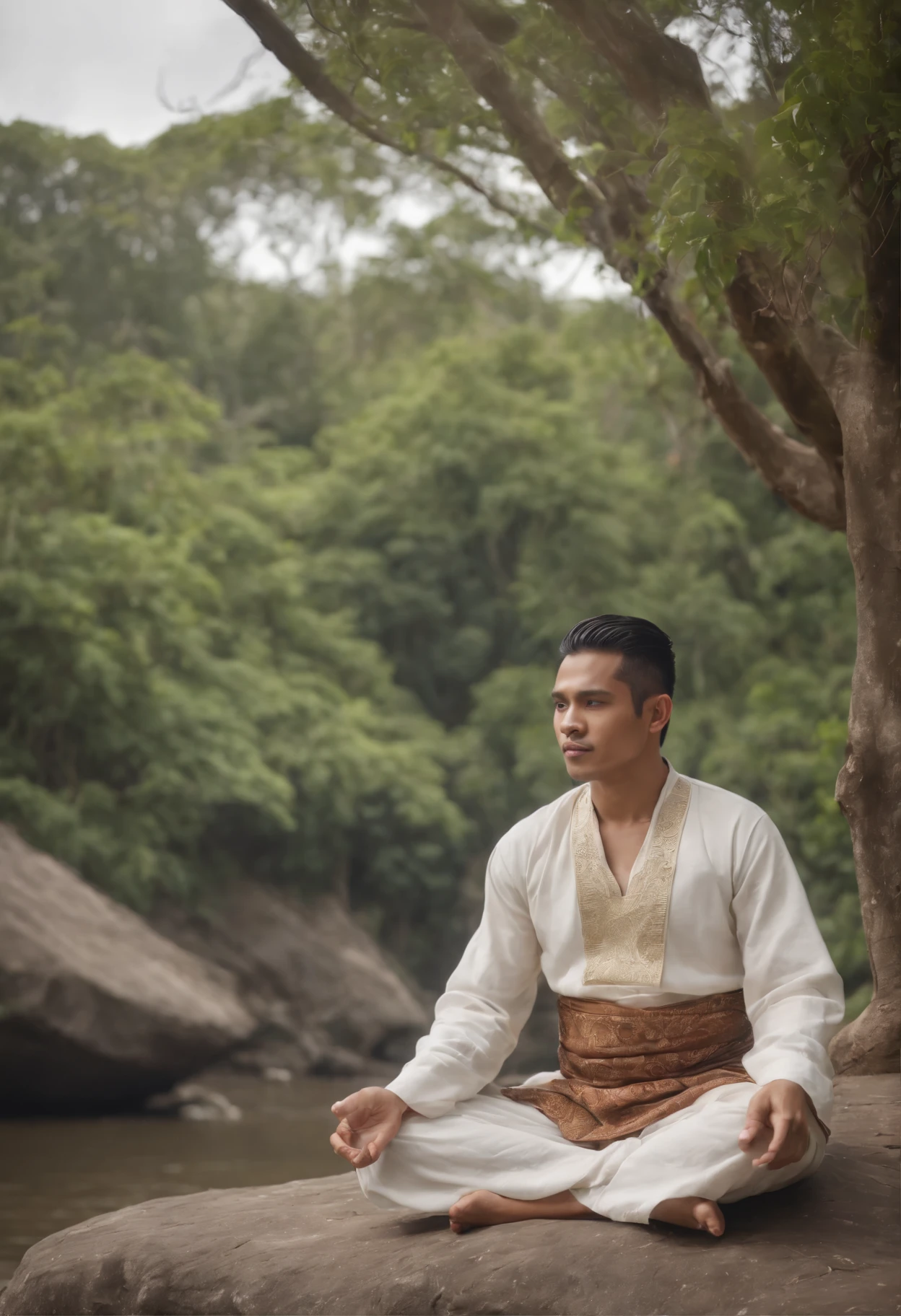 Handsome Indonesian man, wearing Javanese traditional clothing, cross meditation feet under a big tree, on a rock, on the river bank in the middle of the forest,