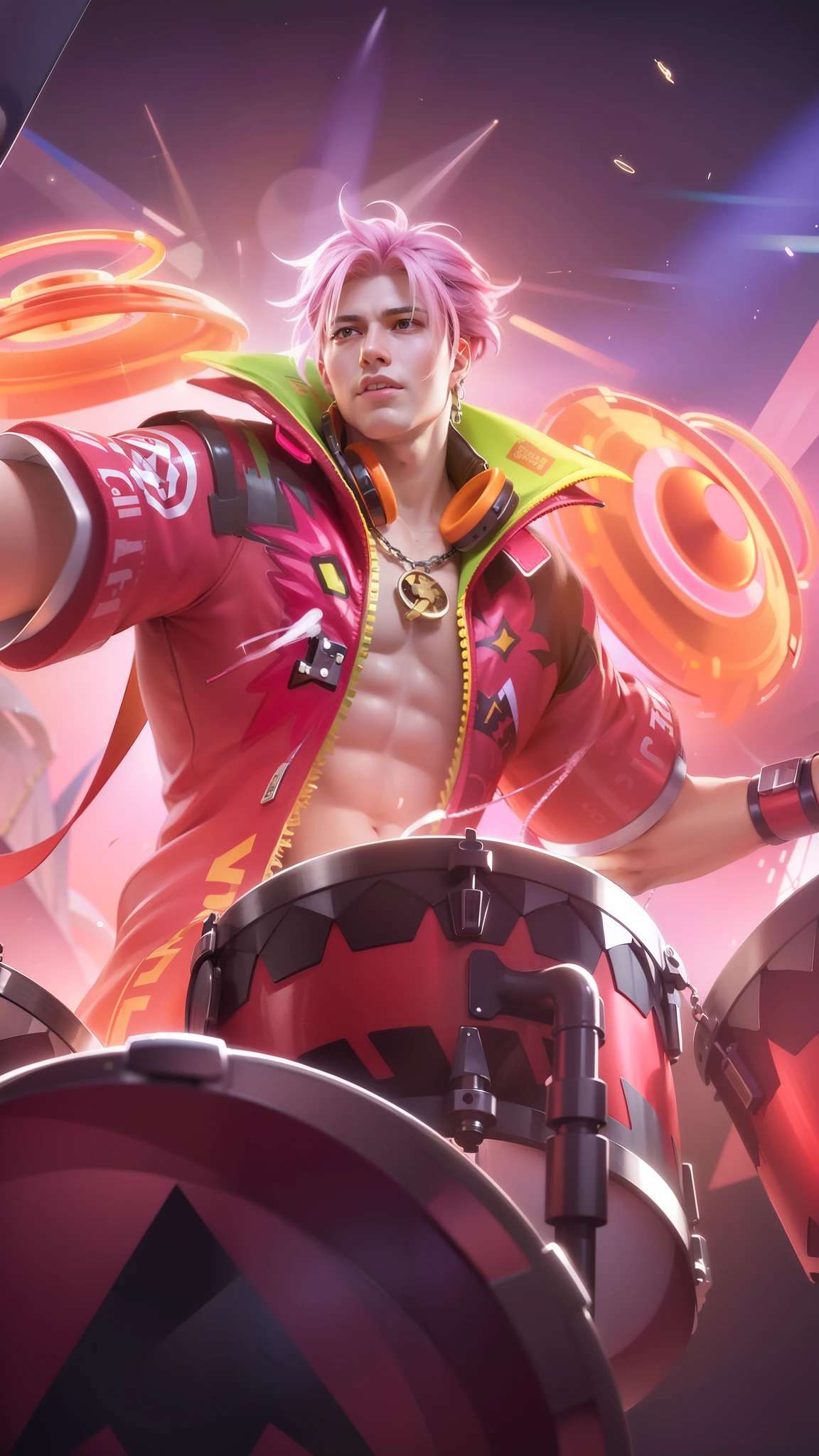 (8k, RAW photo, photorealistic:1.25), best quality, ultra highres, depth of field, chromatic aberration, caustics, Broad lighting, natural shading, ultra detailed texture, hyper realistic, detailed texture, detailed face, detailed skin, detailed hair, real hair, detail eyes, cinematic background, a man with pink hair and a colorful outfit, earrings in ears, headphone, a man with a pink jacket and a drum in his hand