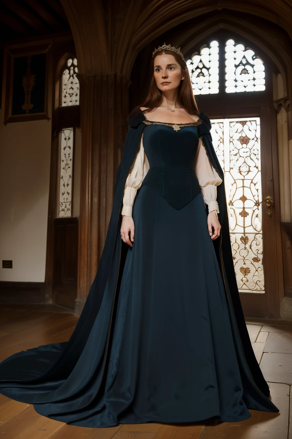 England, 1349. A young ((((37-year-old)) lady Philippa)), tall, delicate features, english beauty, heart-shaped face, in a palace, ((surprised and indignant expression)). ((((clothings from the 1340s, dark gown)))), ((chestnut hairstyle of the 1340s))