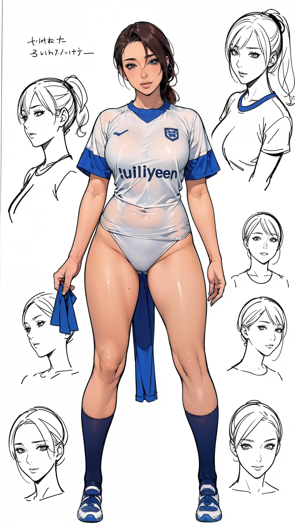 ((masterpiece)),(((best quality))),((character design sheet)),((rough sketch)),((vulgar)),thick thighs,1girl,big tits,((between breasts)),pussy juice,wearing an Wet sexual soccer uniform and soccer shoes,shirt harf lift