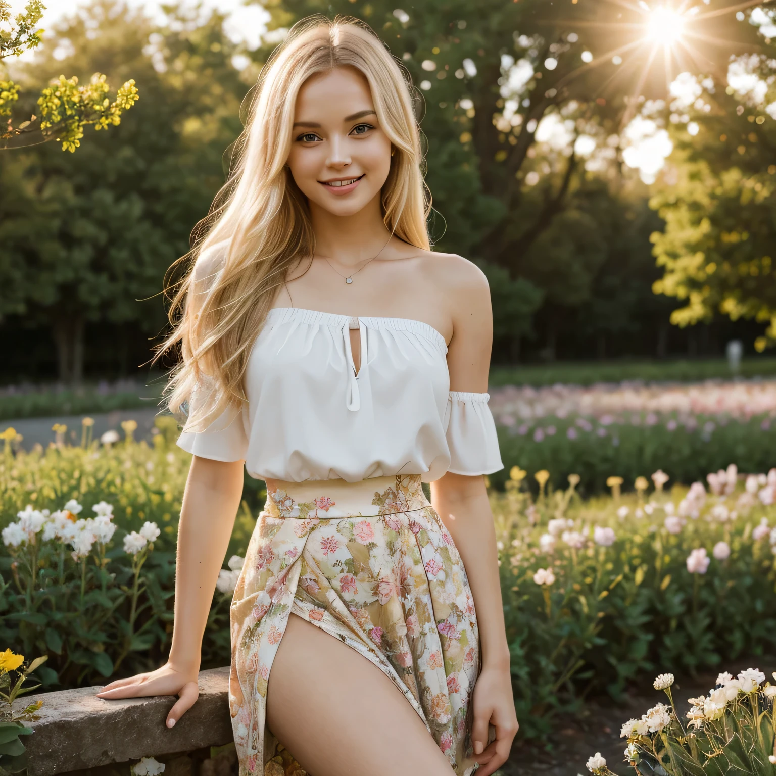 young blonde woman smile  sexy top , bottom skirts,  in spring flowers plantation golden hour