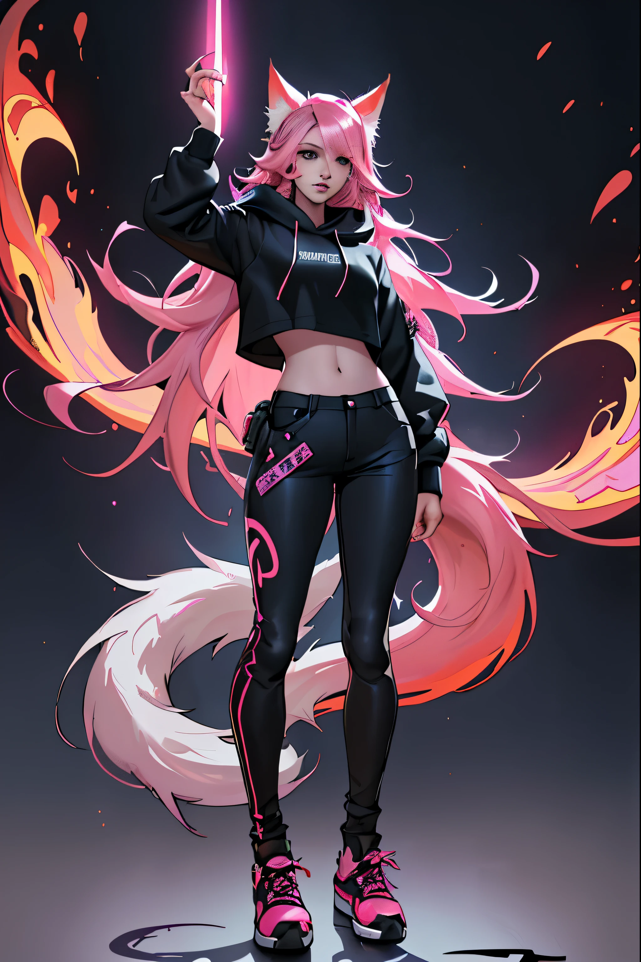 1 girl, ahri league of legends, Nine-Tailed Fox, wavy hair, pink hair, long hair and fox ears, teenager, hoodie, pants, black clothing, colourful hair, light background, full body, teenager, tribal tattoo, colorful parts, sketchbook, hand drawn hand, symbols, dark , bold, realistic sketch, sketch, mixing dark lines and loose lines, bold lines, on paper, turn on character sheet, human woman, grey eyes, full body, imposing pose, lots of details, stylish outfit, symbols, runes , dark theme , black shirt, beautiful, pretty, modest