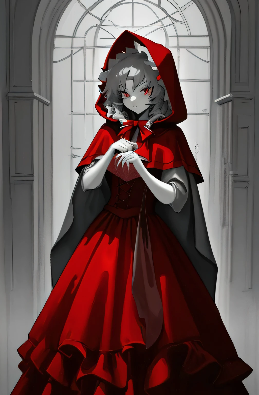 highest quality, highest quality, High resolution, an unparalleled masterpiece, perfect artwork, fantasy art, Grayscale photo with red dress, little red riding hood, wearing a beautiful red cloak, little little red riding hood, thief little red riding hood, beautiful anime art style, high quality anime art, high quality anime artstyle, serious
