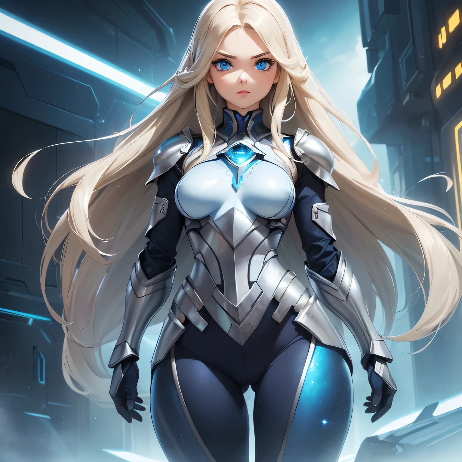 ((Masterpiece)) ((Perfect Face)) ((Beautiful)) ((Small Breasts)) ((portrait)) ((Wide Hips)) ((Broad Shoulders)) ((hourglass physique)) ((revealing blue and silver sci-fi Armor)) ((Super Powers)) ((long Hair)) ((blonde Hair)) ((Pale Skin)) ((Glowing blue Eyes)) ((button Nose))