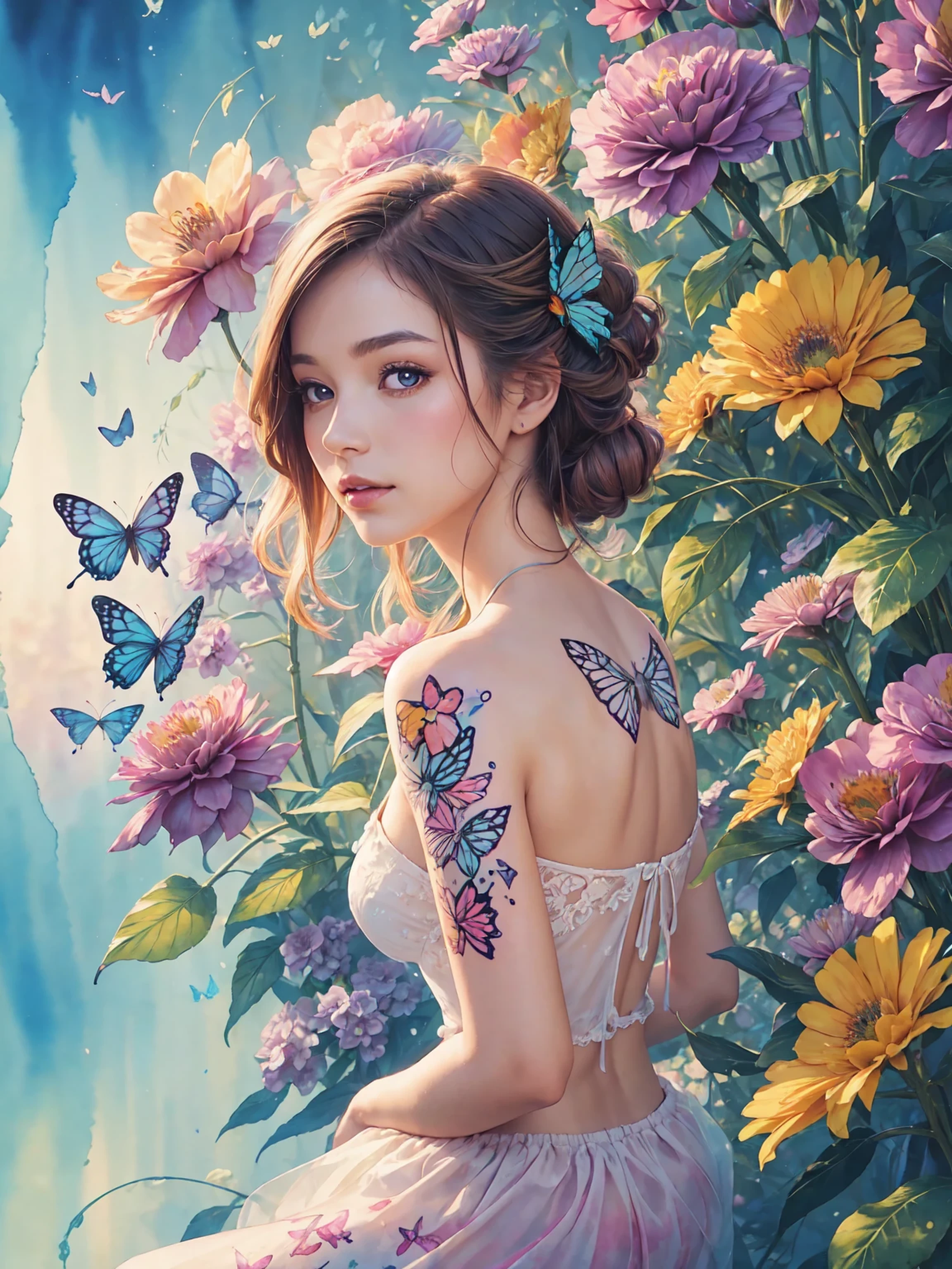 (a butterfly,watercolor tattoo,floral,delicate,beautiful,bright colors,light and airy,soft edges,artistic)