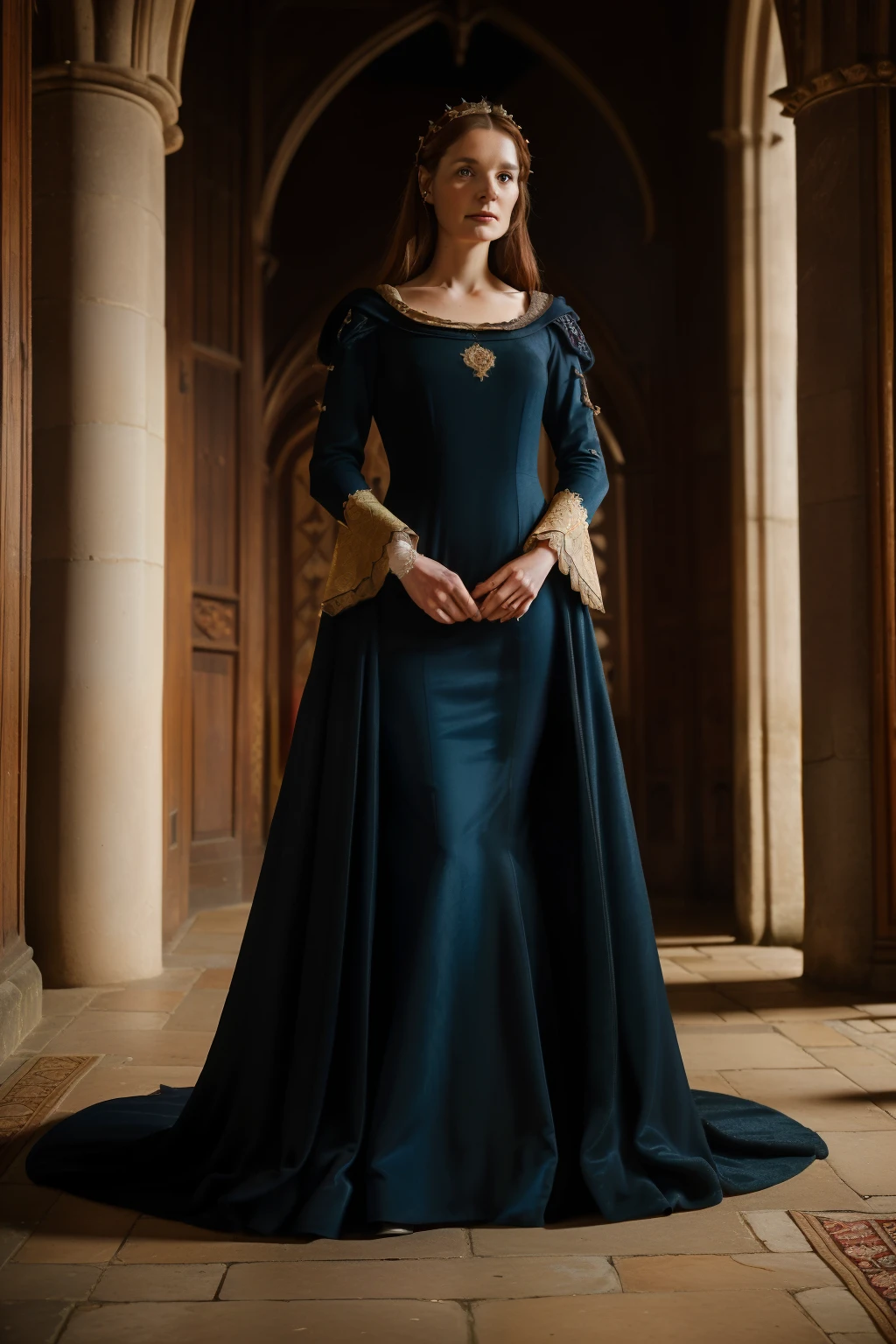 England, 1349. A young ((((37-year-old)) lady Philippa)), tall, delicate features, english beauty, heart-shaped face, in a palace, ((surprised and indignant expression)). ((((clothings from the 1340s, dark gown)))), ((chestnut hairstyle of the 1340s))