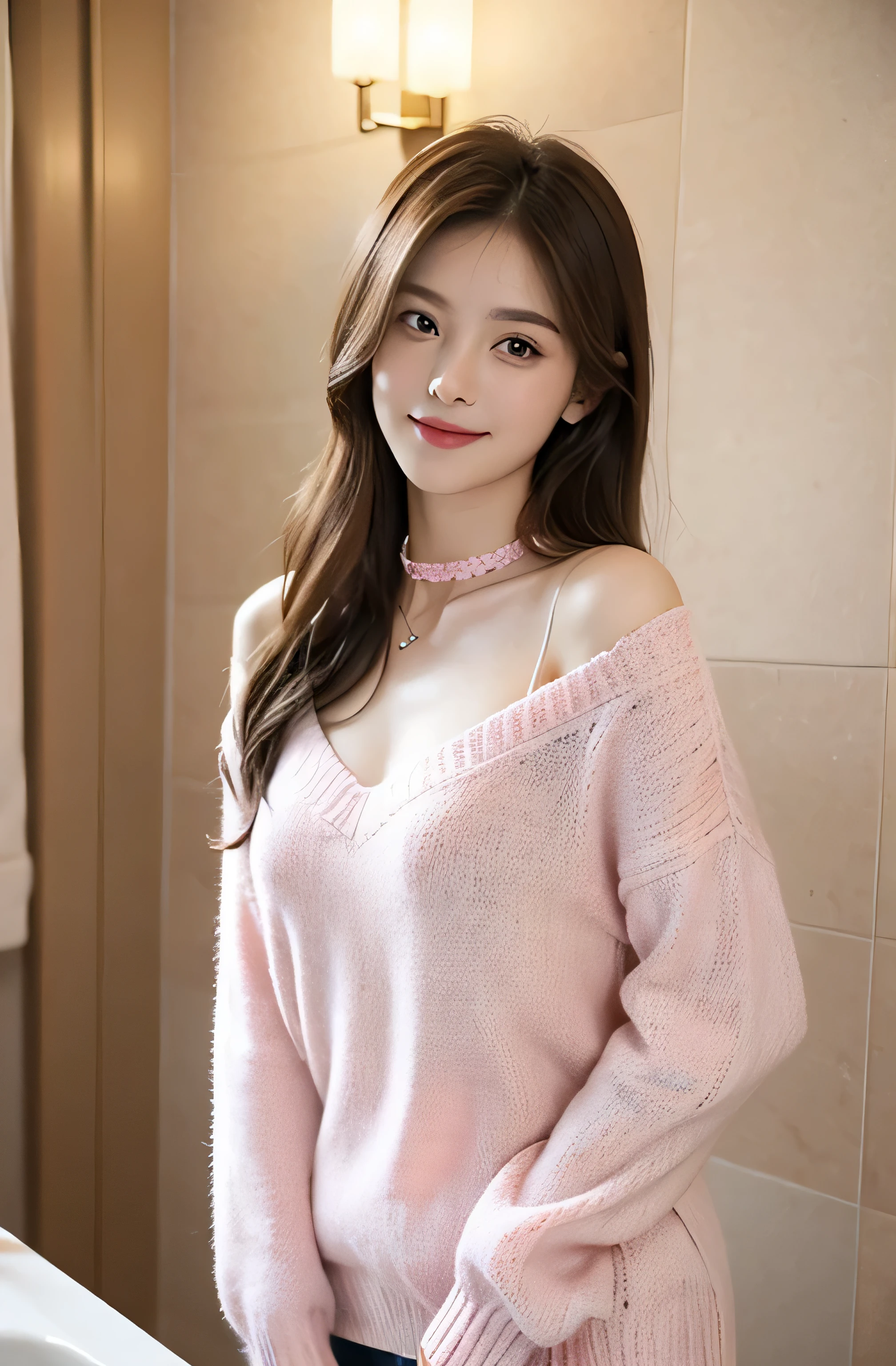 best quality, ultra high resolution, (Realistic:1.4),cute hairpin,jewel girl,1 girl,pink long sweater,pink long sweater ,Beautiful woman with slim figure:1.4, abs:1.1, (brown hair, medium chest:1.3), pink long sweater, Bathroom,Extra-fine face,delicate eyes,double eyelid,smile,choker necklace