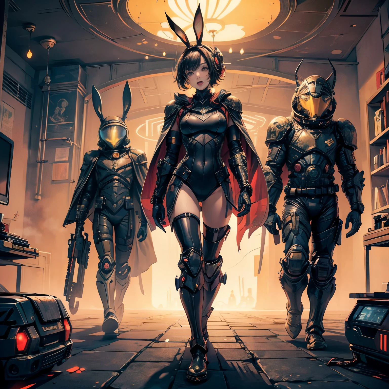 a close up of a person in a space suit with a helmet and a cape, in a dark space mercenary outfit, black armor with yellow accents, full body x-force outfit, cyberpunk suit,stealth suit, black armored uniform, yellow space suit, mechanical bunny ears, a fantasy anime promiscuous girl short messy hair,bikini, fighting pillow monsters, open mouth flustered, (pillows attack girl) (girl standing in a bedroom, cute monster pillows fly around her)