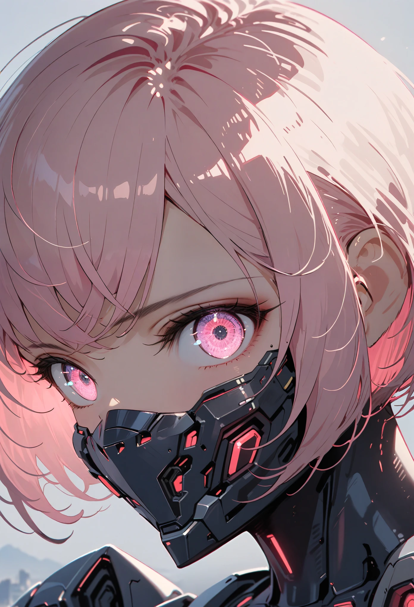 best quality, (ultra high res), smooth realism, 1girl, solo, a pink haired girl with a black suit on while wearing a mask, buzzcut hair, pink hair, cyber mask, covered mouth, mechanical eyes, artificial robot eyes, detailed hair, woman, asian girl, high quality image, dynamic pose, evil smile, sadness face, robot joints, humanoid woman, intervention unit, very complex robot, cyber bodysuit, (cinematic lighting), ((fullbody view)), futuristic background