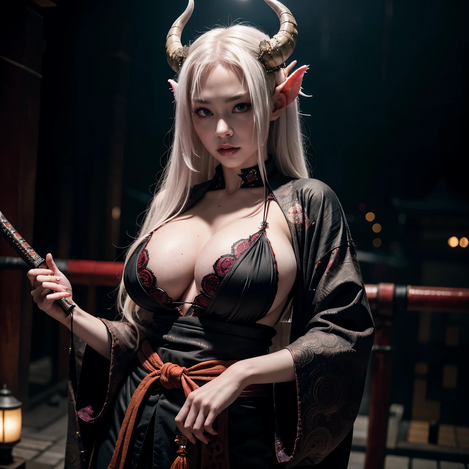 1 girl, (masterful), albino demon queen, (long intricate horns:1.2), kimono, one Katana in scabbard at waist, bathed blood,large breast, Cleavage, hakama, Japanese style gaiter, kanji Tattoos, lanttern, dark fog, ancient cyberpunk City background,photo_b00ster,ct-niji2