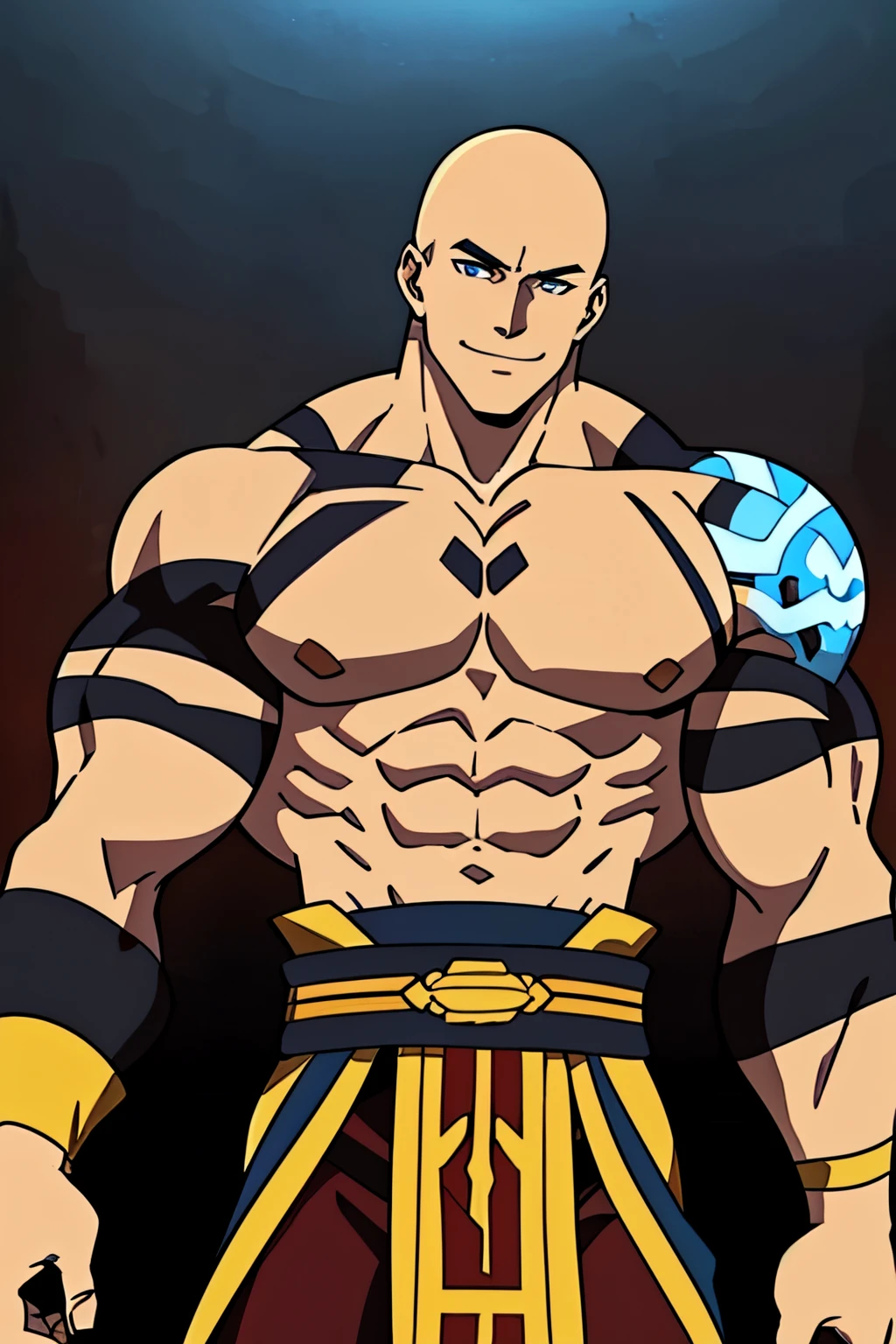 goliath monk, (((pale blue-ish skin color))), brown hood, HUGE JACKED GOLIATH MONK, huge smile, very happy, flexing huge muscles, (bald hairstyle), black pants, maroon belt, deathly pale blue skin, male, ((huge scar on chest)), (high-quality, breathtaking),(expressive eyes, perfect face) 1boy, male, solo, young adult, extremely happy expression, Monk profession, martial artist, well built body, pants, knuckle bandages, environment background, fantasy clothing, fantasy attire, DnD Monk Class, oriental monk, half body, ancient Chinese swordsman hanfu, body tattoos, tribal body art, wuxia, brown and gold clothing palette, ((tan skin color)), monk, bandage wrapped forearms, fantasy, (Dragon tattoo), (big Stigmata), character focus, ((black light)),((dark lighting)), cinematic lighting ,(darkness), (concept art), (glowing eyes), high resolution, extremely detailed CG unity 8k wallpaper, ((masterpiece)), ((top-quality)), (beautiful illustration), ((an extremely delicate and beautiful)), (masterpiece, Best quality, ultra high resolution), glowing yellow eyes, Luminous_eyes, ultra detailed eyes, Beautiful and detailed face, detailed eyes, (Centered, torso), (wide shot:0.9), facing the viewer, Eye level,