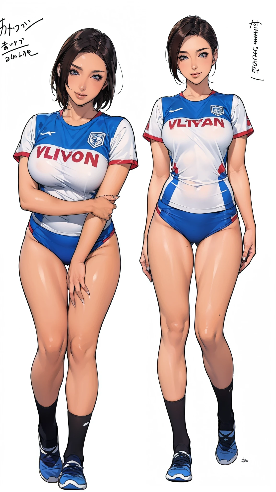 ((masterpiece)),(((best quality))),((character design sheet)),((rough sketch)),((vulgar)),thick thighs,1girl,big tits,((between breasts)),pussy juice,wearing an Wet sexual soccer uniform and soccer shoes,shirt harf lift