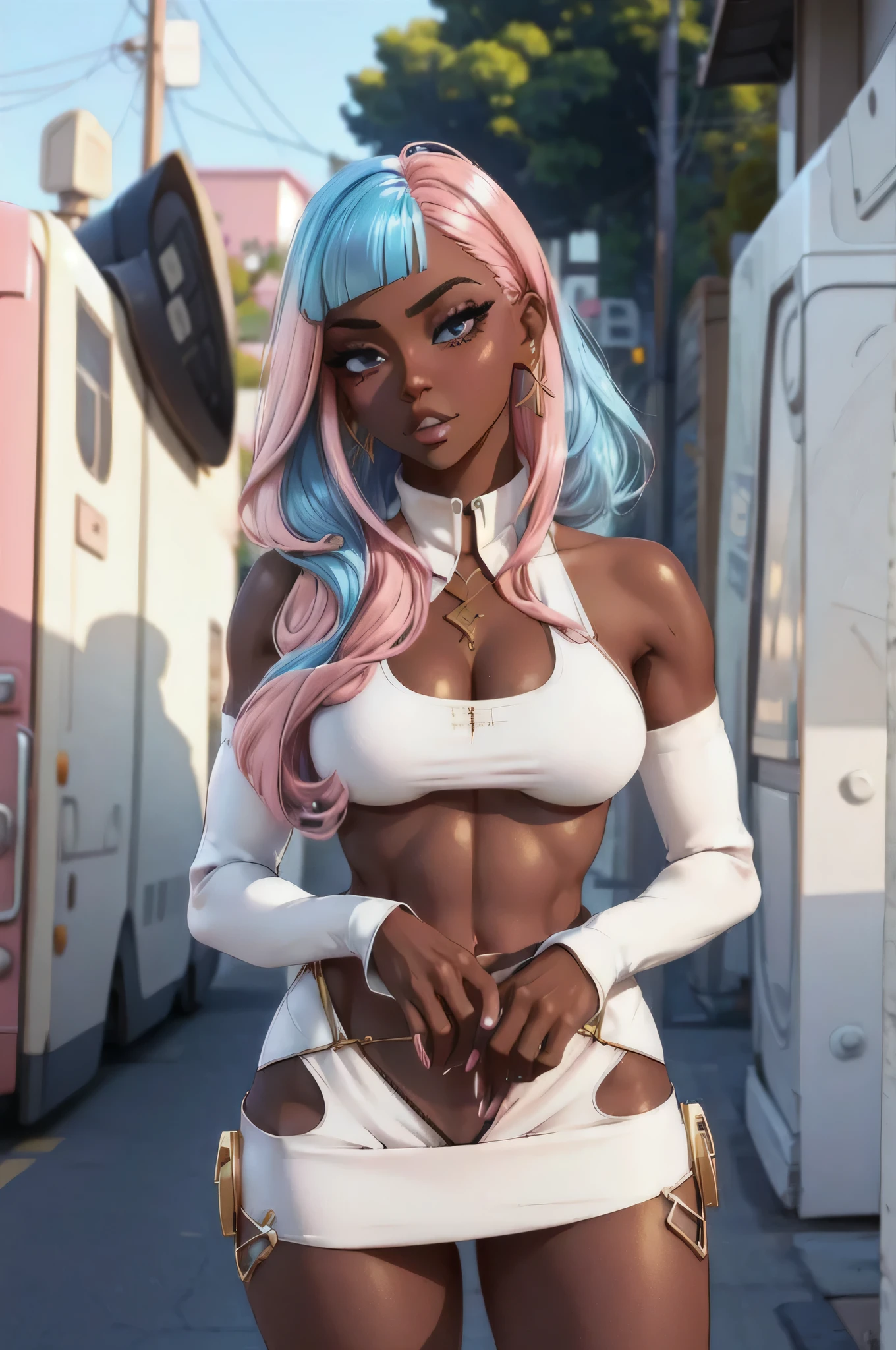 masterpiece, best quality, beautiful detailed eyes, street outfit, (1girl), beautiful hair, bodycon, shiny white clothes with gold, blush, lipstick, eyeliner, parted lips, colorful, beautiful lips, ray tracing, perfect lighting, extremely detailed 8k wallpaper, (detailed background), perfect eyes, (sexy pose), outside, grass, park, ((dark skin)), (hlfcol haired girl with pink and blue hair)