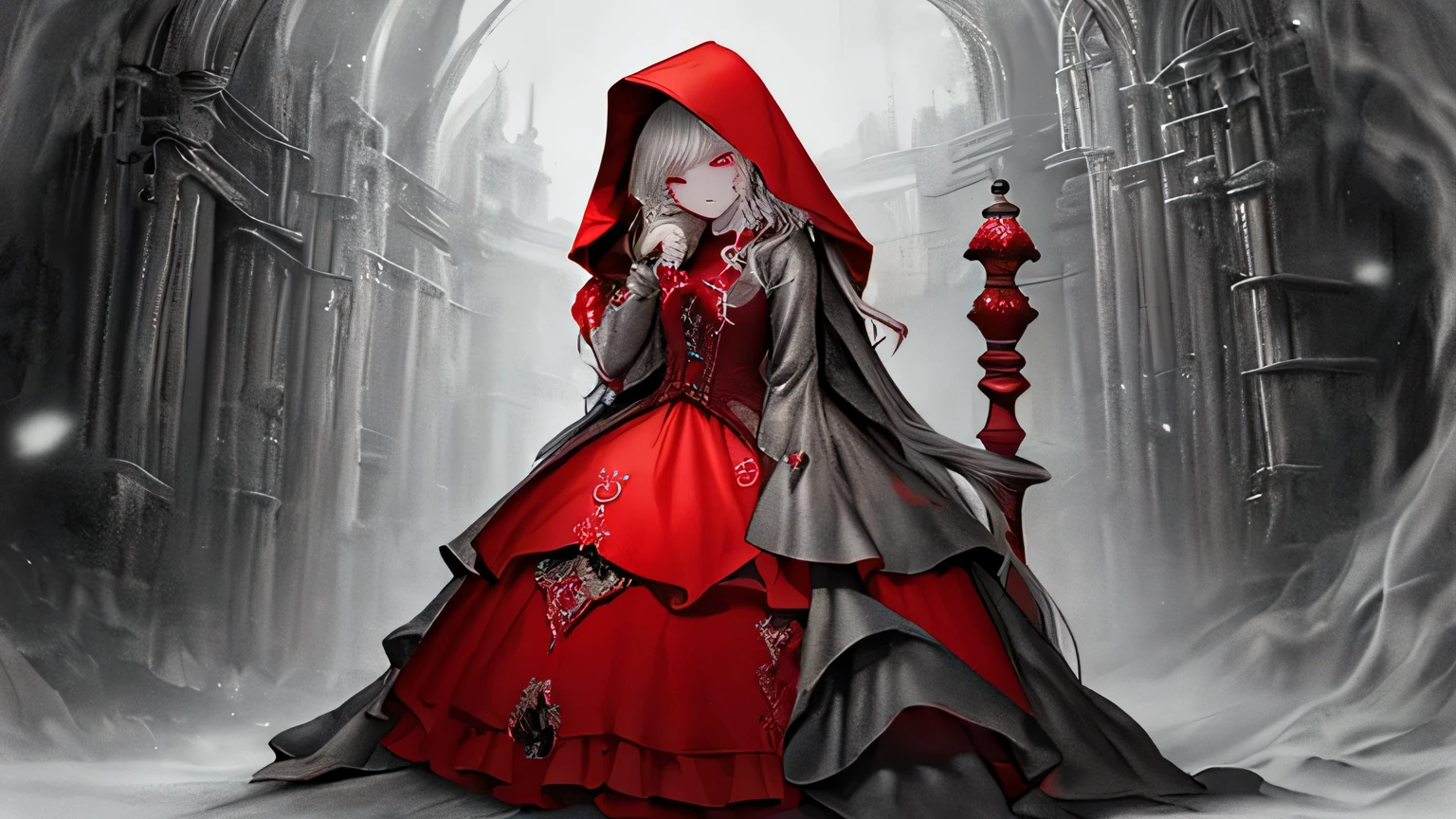 highest quality, highest quality, High resolution, an unparalleled masterpiece, Perfect fantasy art, Grayscale photo with red dress, little red riding hood, wearing a beautiful red cloak, little little red riding hood, thief little red riding hood, beautiful anime art style, Serious