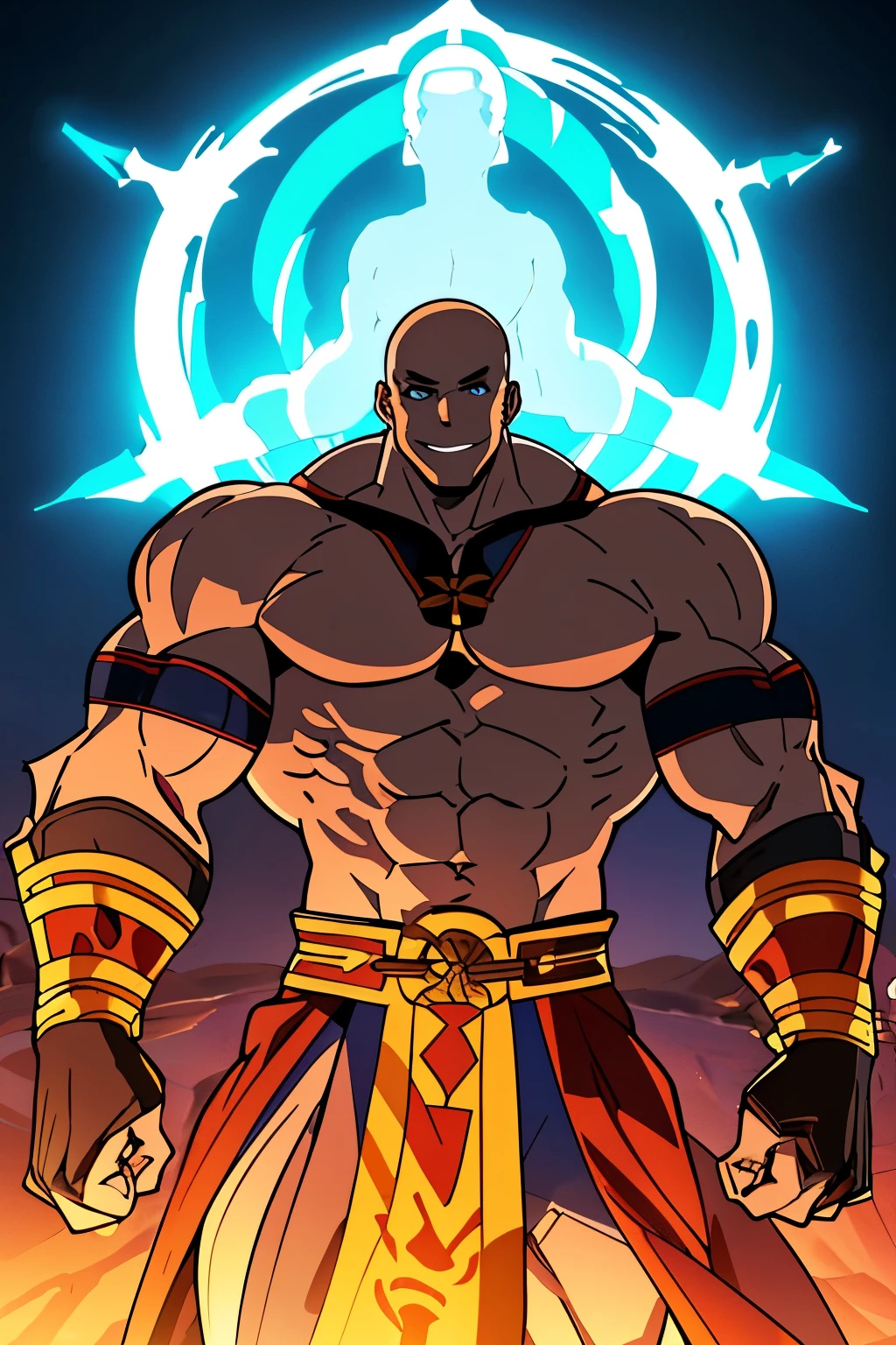 goliath monk, (((pale blue-ish skin color))), brown hood, HUGE JACKED GOLIATH MONK, huge smile, very happy, flexing huge muscles, (bald hairstyle), black pants, maroon belt, deathly pale blue skin, male, ((huge scar on chest)), (high-quality, breathtaking),(expressive eyes, perfect face) 1boy, male, solo, young adult, extremely happy expression, Monk profession, martial artist, well built body, pants, knuckle bandages, environment background, fantasy clothing, fantasy attire, DnD Monk Class, oriental monk, half body, ancient Chinese swordsman hanfu, body tattoos, tribal body art, wuxia, brown and gold clothing palette, ((tan skin color)), monk, bandage wrapped forearms, fantasy, (Dragon tattoo), (big Stigmata), character focus, ((black light)),((dark lighting)), cinematic lighting ,(darkness), (concept art), (glowing eyes), high resolution, extremely detailed CG unity 8k wallpaper, ((masterpiece)), ((top-quality)), (beautiful illustration), ((an extremely delicate and beautiful)), (masterpiece, Best quality, ultra high resolution), glowing yellow eyes, Luminous_eyes, ultra detailed eyes, Beautiful and detailed face, detailed eyes, (Centered, torso), (wide shot:0.9), facing the viewer, Eye level,