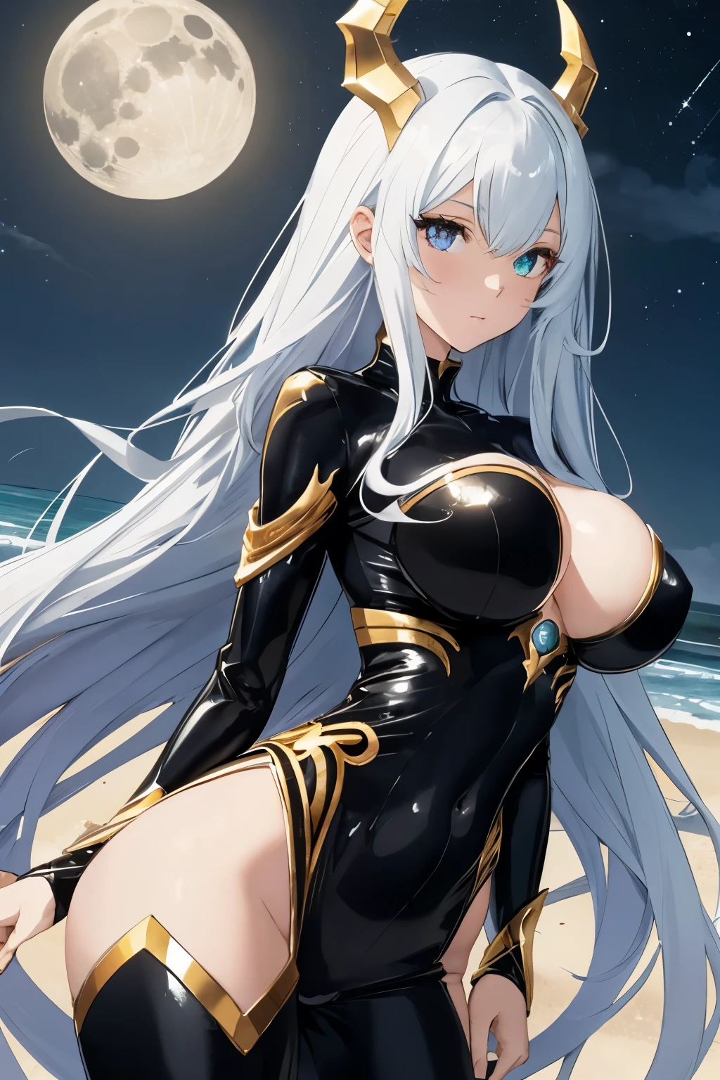 sea, long cosmic hair, dragon girl, Heterochromia eyes, big breast, big ass, black and gold bodysuit, moonlight, front view, 