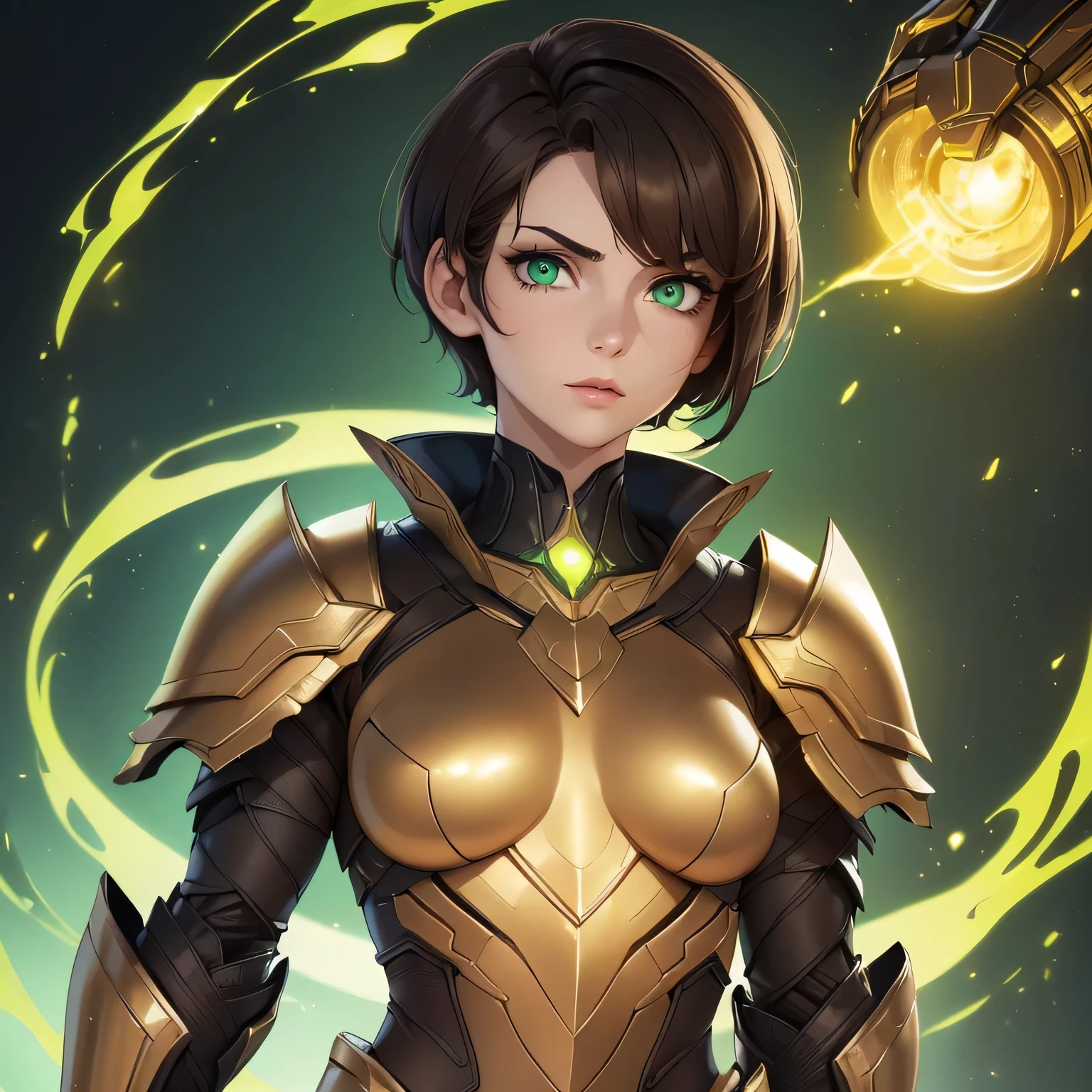 ((Masterpiece)) ((Perfect Face)) ((Beautiful)) ((Small Breasts)) ((portrait)) ((Wide Hips)) ((Broad Shoulders)) ((wiry physique)) ((revealing black and gold sci-fi Armor)) ((Super Powers)) ((short Hair)) ((brown Hair)) ((Pale Skin)) ((Glowing green Eyes)) ((Large Nose))