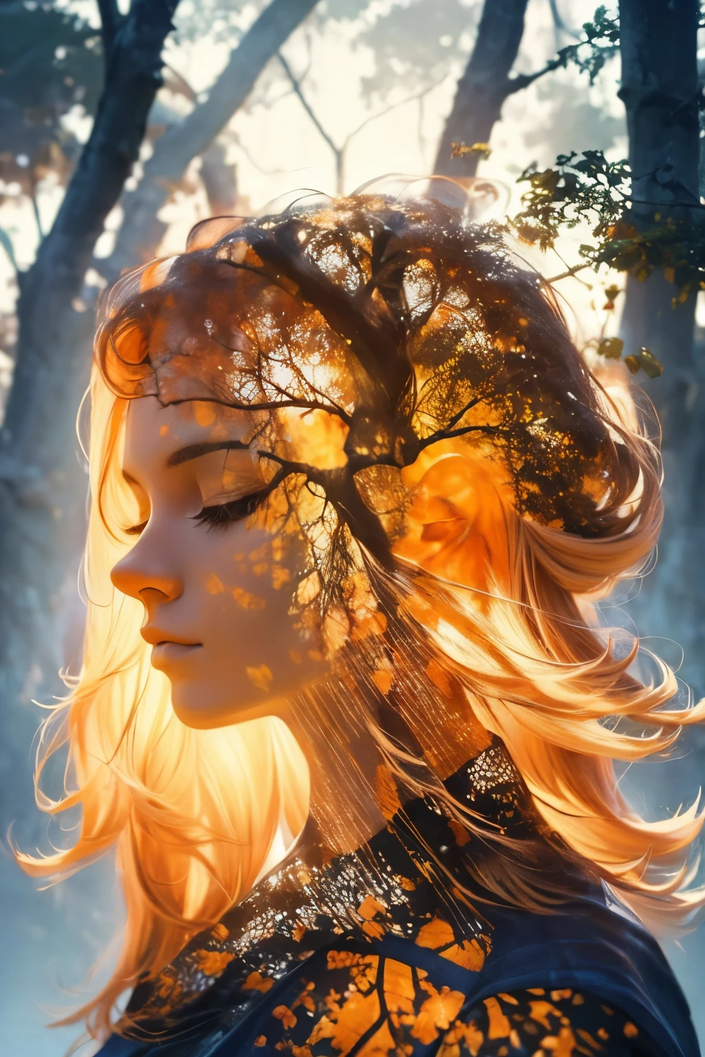 In the dark and neutral background, a human head is highlighted, showcasing serene and peaceful features. The eyes are closed in a state of deep meditation, and soft light emanates from within, illuminating the brain which is shaped like a tree. The tones of amber, orange, and gold permeate the image, enhancing the luminosity. Realistic textures for the skin, hair, and tree adds a touch of authenticity. Precise lighting and shading provide depth to the image, while vibrant and contrasting colors intensify the visual effect. Brush strokes and digital textures add an artistic touch to the serene scene. The overall composition conveys a sense of calm and tr