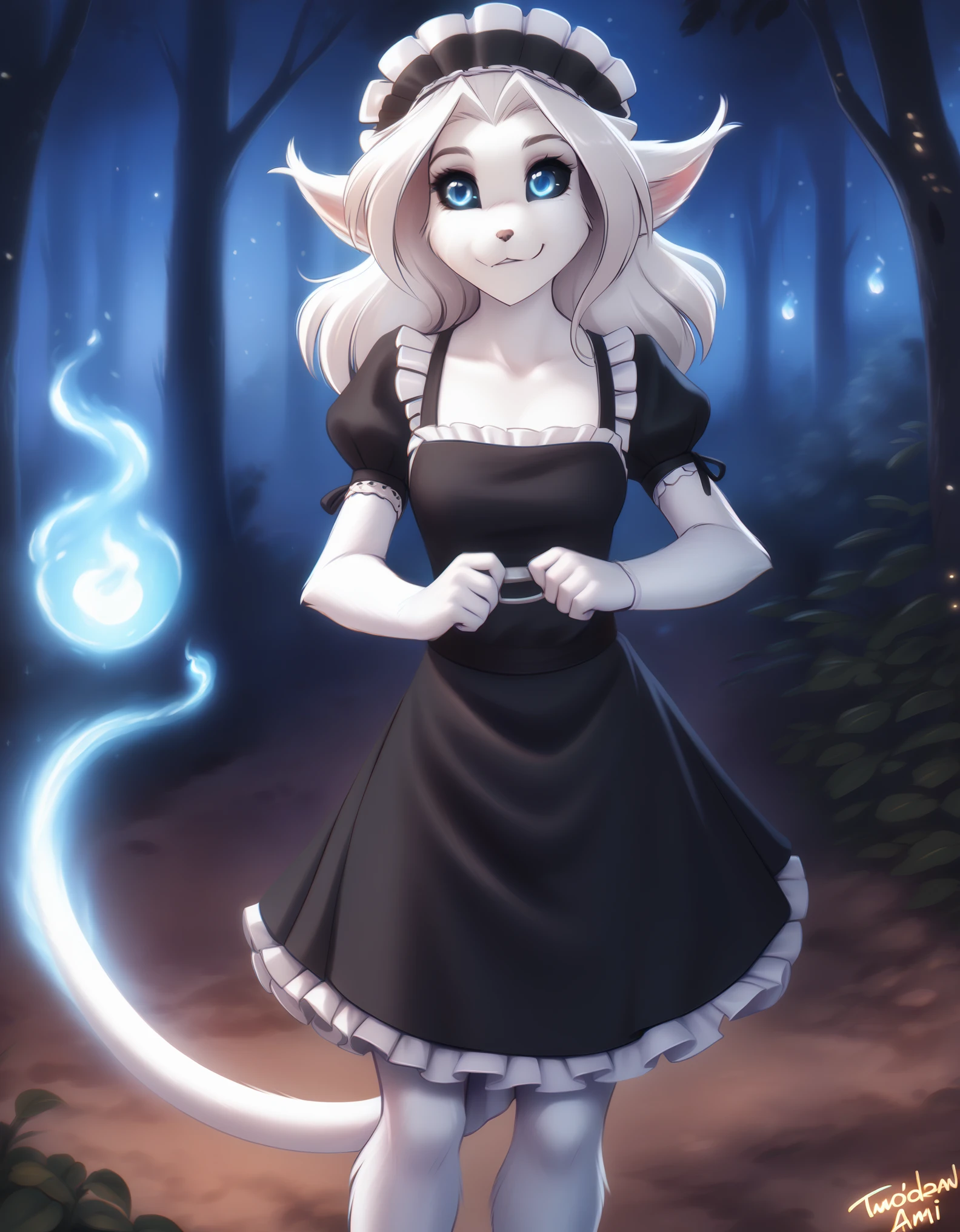 solo, tkwillow, keidran, mammal, pantherine, willow_wisp_(twokinds) , willow_wisp, twokinds, personalami, rating:safe, anthro, arm_tuft, forest, night, stars, moon, maid, maid apron, tail, female,  white fur, blue eyes, black sclera, will-o'-the-wisp, spirit, breasts,