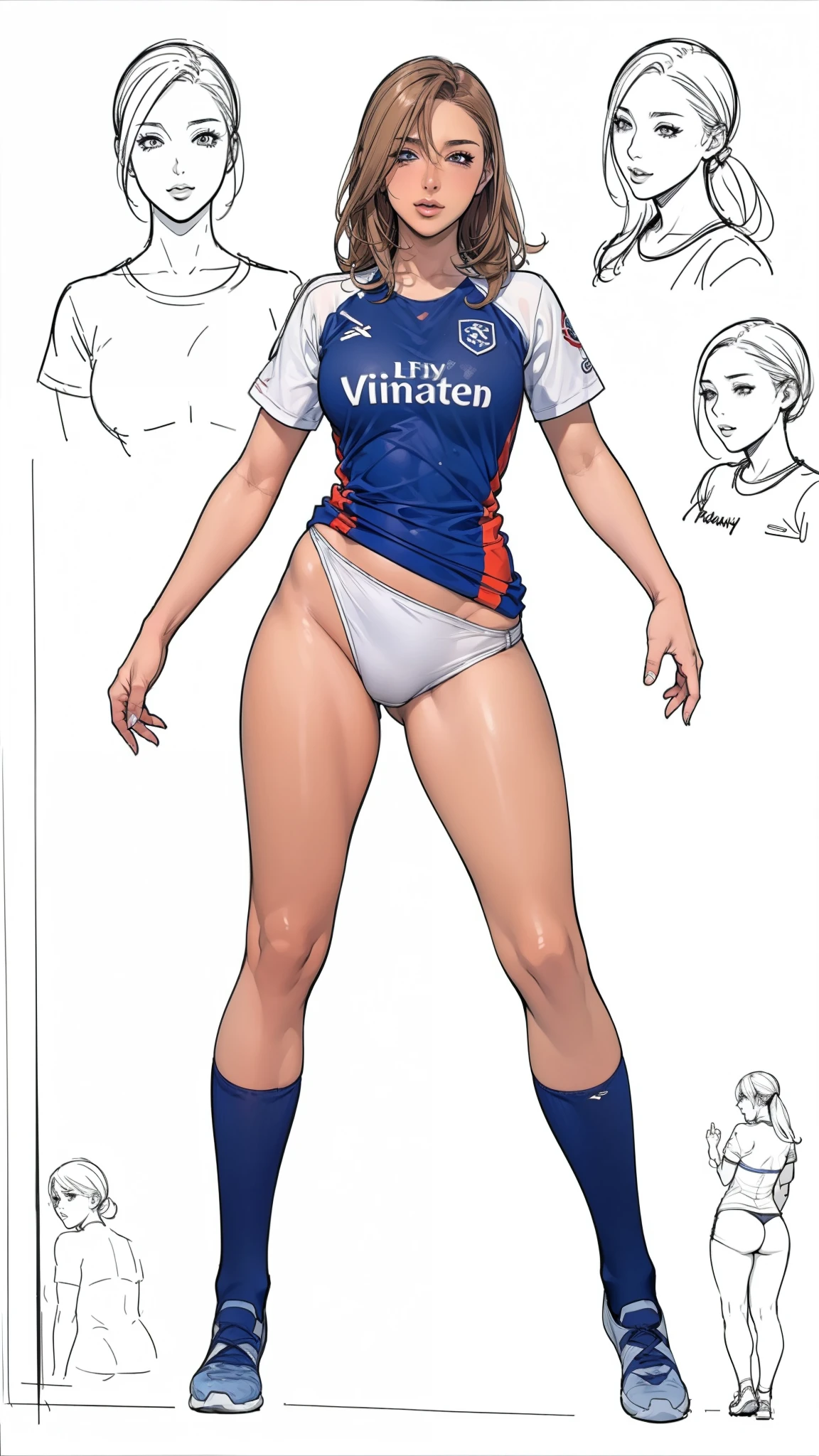 ((masterpiece)),(((best quality))),((character design sheet)),((rough sketch)),((vulgar)),thick thighs,1girl,big tits,((between breasts)),pussy juice,wearing an Wet sexual soccer uniform and soccer shoes,shirt harf lift