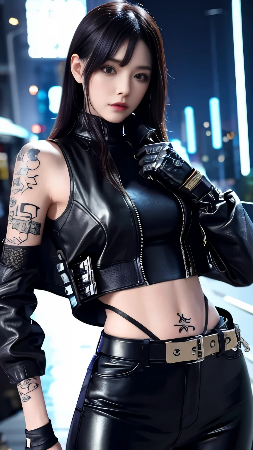 (highest quality)，masterpiece，Super detailed，8K, UHD，Beautiful woman，japanese woman，No expression，whole body，((tattoo))，slim，black leather pants，black leather vest，(female mafia)，gangster，(cyberpunk city)，night，cinematic lightening，underworld