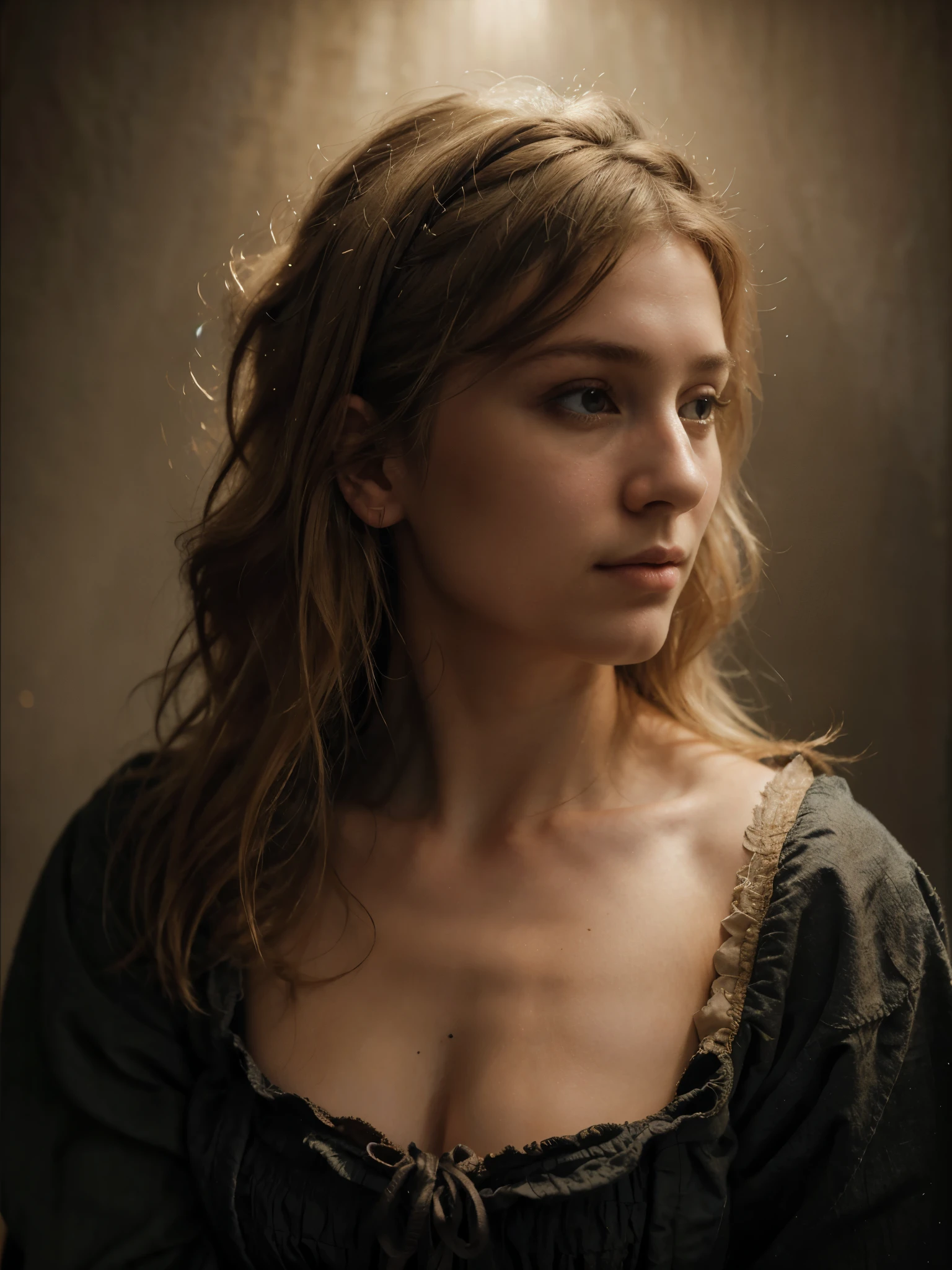 close up portrait of two twenty five year old beautiful Flemish peasant in rags but with beautiful hair, blond, deep neckline, faded tapestry background,realistic photo, irregular black frame border, flickr, digital art, rembrandt light, backlit portrait, chiaroscuro old master portrait, diffused morning light, Joel Sternfeld color style photography