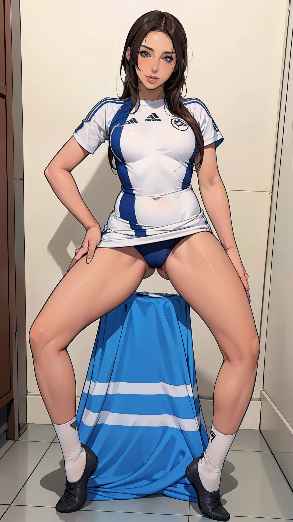 ((masterpiece)),(((best quality))),((character design sheet)),((rough sketch)),((vulgar)),thick thighs,1girl,big tits,((between breasts)),pussy juice,wearing an Wet sexual soccer uniform and soccer shoes,shirt harf lift