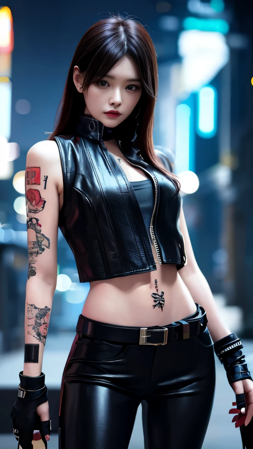 (highest quality)，masterpiece，Super detailed，8K, UHD，Beautiful woman，japanese woman，No expression，whole body，((tattoo))，slim，black leather pants，black leather vest，(female mafia)，gangster，(cyberpunk city)，night，cinematic lightening，underworld