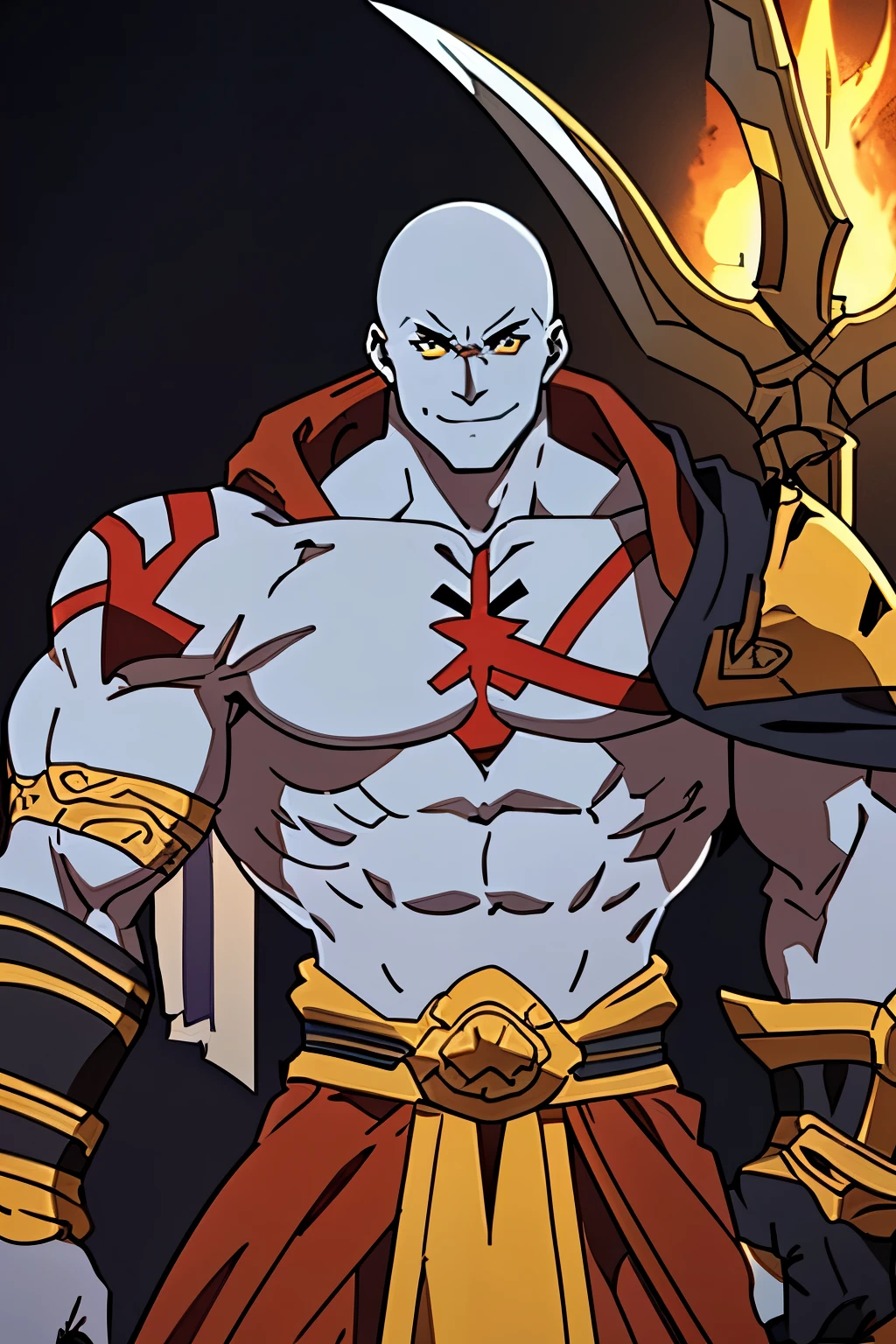 goliath monk, (((pale blue-ish skin color))), brown hood, HUGE JACKED GOLIATH MONK, huge smile, very happy, flexing huge muscles, (bald hairstyle), black pants, maroon belt, deathly pale blue skin, male, ((huge scar on chest)), (high-quality, breathtaking),(expressive eyes, perfect face) 1boy, male, solo, young adult, extremely happy expression, Monk profession, martial artist, well built body, pants, knuckle bandages, environment background, fantasy clothing, fantasy attire, DnD Monk Class, oriental monk, half body, ancient Chinese swordsman hanfu, body tattoos, tribal body art, wuxia, brown and gold clothing palette, ((tan skin color)), monk, bandage wrapped forearms, fantasy, (Dragon tattoo), (big Stigmata), character focus, ((black light)),((dark lighting)), cinematic lighting ,(darkness), (concept art), (glowing eyes), high resolution, extremely detailed CG unity 8k wallpaper, ((masterpiece)), ((top-quality)), (beautiful illustration), ((an extremely delicate and beautiful)), (masterpiece, Best quality, ultra high resolution), glowing yellow eyes, Luminous_eyes, ultra detailed eyes, Beautiful and detailed face, detailed eyes, (Centered, torso), (wide shot:0.9), facing the viewer, Eye level,