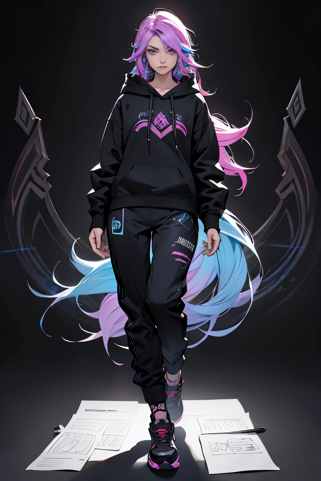 1 girl, kaisa league of legends, wavy hair, rainbow hair, teenager, hoodie, pants, black clothing, light background, full body, long hair, teenager, tribal tattoo, colorful parts, sketchbook, hand drawn hand, symbols, dark , bold, realistic sketch, sketch, mixing dark lines and loose lines, bold lines, on paper, turn on character sheet, human woman, grey eyes, full body, imposing pose, lots of details, stylish outfit, symbols, runes , dark theme , black shirt, beautiful, pretty, modest