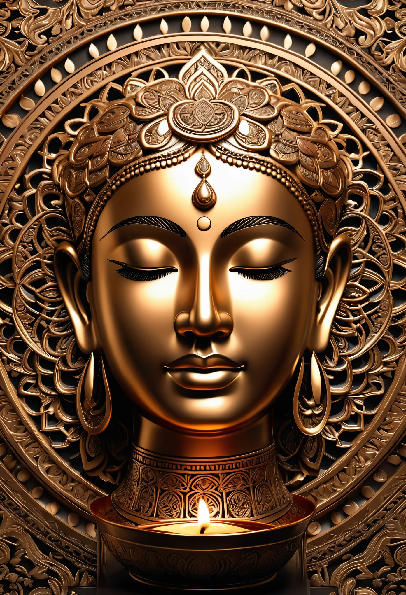 Create an image of a serene and meditative face with an intricate, ornate mandala pattern in the background. The face is adorned with a calm and peaceful expression, eyes closed in tranquility. It should have a three-dimensional effect with a strikingly realistic quality, as if carved from a dark, lustrous material like burnished bronze. A single candle with a gentle flame sits perfectly balanced on the forehead, just above the brows, symbolizing enlightenment. The candle flame is bright and clear, casting a warm light that highlights the smooth contours of the face. The background mandala is complex and detailed, filled with fine swirls and floral designs, suggesting a rich tapestry or an elaborate carving on an ancient temple wall. The overall tone of the image is one of deep reflection and inner peace."