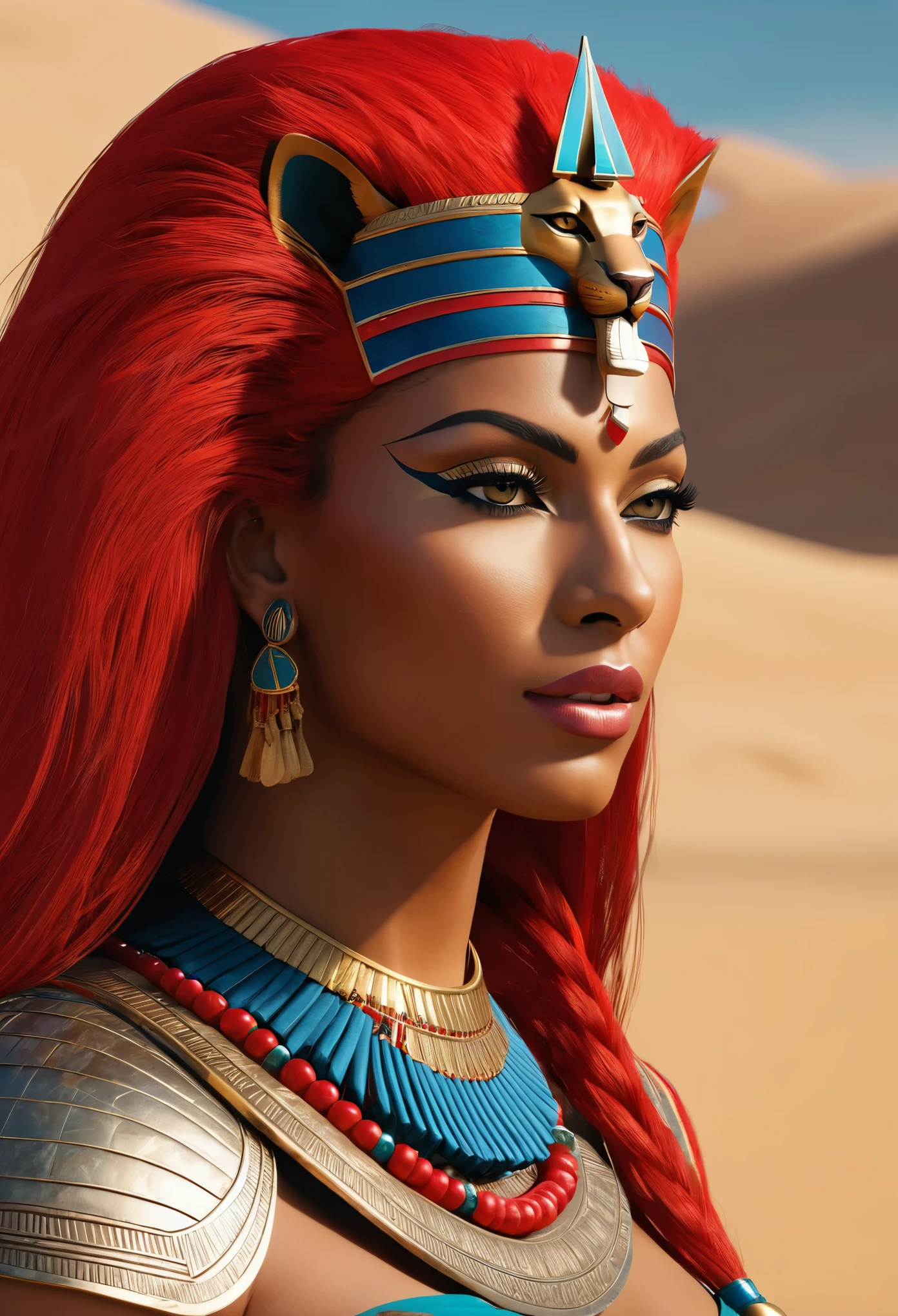 Create an ultra-high-resolution, detailed 4K CG masterpiece of Sekhmet, portrayed as a stunning modern woman with a feline head and vivid red hair, capturing the spirit of Egyptian mythology. She should be adorned with a Pharaoh's crown and wearing contemporary attire with traditional Egyptian elements. The setting is a vast desert, embodying a blend of ancient and modern aesthetics. The composition should be centered with a focus on Sekhmet's face, emphasizing her features in high dynamic range (HDR) quality and at 600 DPI.