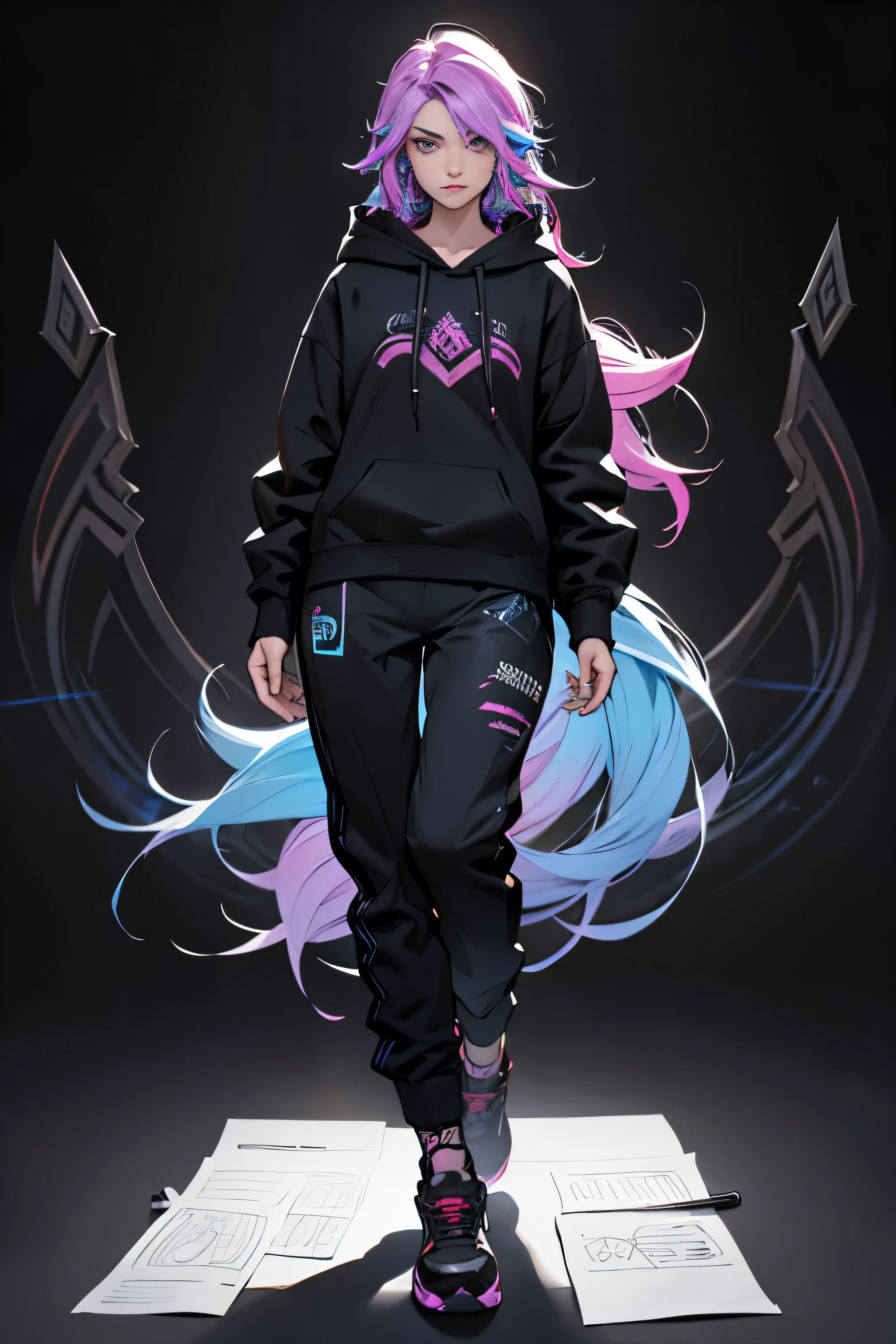 1 girl, kaisa league of legends, wavy hair, rainbow hair, teenager, hoodie, pants, black clothing, light background, full body, long hair, teenager, tribal tattoo, colorful parts, sketchbook, hand drawn hand, symbols, dark , bold, realistic sketch, sketch, mixing dark lines and loose lines, bold lines, on paper, turn on character sheet, human woman, grey eyes, full body, imposing pose, lots of details, stylish outfit, symbols, runes , dark theme , black shirt, beautiful, pretty, modest