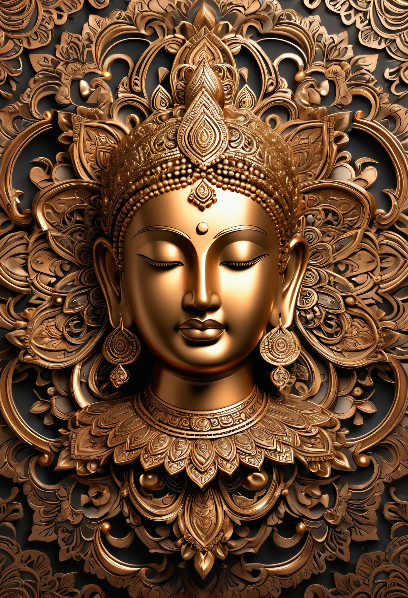 Create an image of a serene and meditative face with an intricate, ornate mandala pattern in the background. The face is adorned with a calm and peaceful expression, eyes closed in tranquility. It should have a three-dimensional effect with a strikingly realistic quality, as if carved from a dark, lustrous material like burnished bronze. A single candle with a gentle flame sits perfectly balanced on the forehead, just above the brows, symbolizing enlightenment. The candle flame is bright and clear, casting a warm light that highlights the smooth contours of the face. The background mandala is complex and detailed, filled with fine swirls and floral designs, suggesting a rich tapestry or an elaborate carving on an ancient temple wall. The overall tone of the image is one of deep reflection and inner peace."