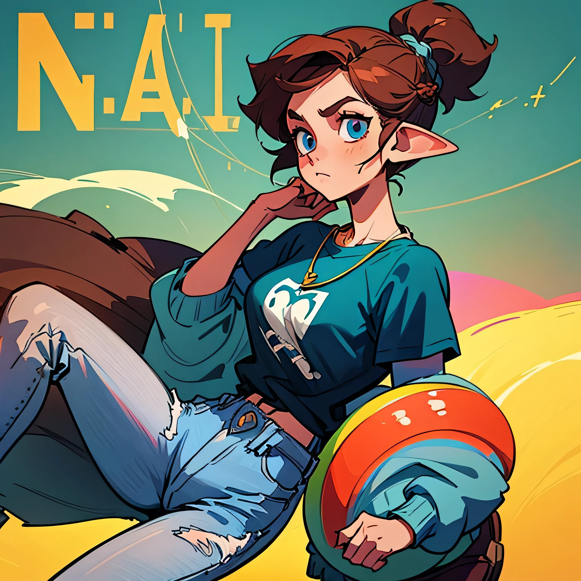 a beautiful woman elf facing back and wearing T-shirt with a phrase "Lolita" is written on the back of the T-shirt, a woman elf in ponytail and braid, reddish dark brown hair, greenish blue eyes, 80s styles outfits, high waist jeans, raglan T-shirt, sneakers, resting bitch face, wearing bag pack, long sleeves, short pants, wearing earphones, wearing necklace, luxurious and elegant quantum physics in the sky as the background