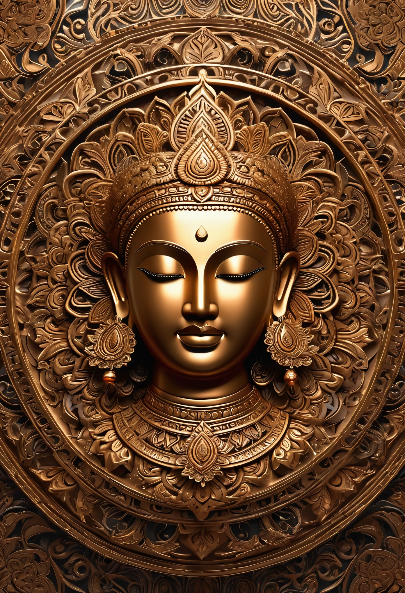 Create an image of a serene and meditative face with an intricate, ornate mandala pattern in the background. The face is adorned with a calm and peaceful expression, eyes closed in tranquility. It should have a three-dimensional effect with a strikingly realistic quality, as if carved from a dark, lustrous material like burnished bronze. A single candle with a gentle flame sits perfectly balanced on the forehead, just above the brows, symbolizing enlightenment. The candle flame is bright and clear, casting a warm light that highlights the smooth contours of the face. The background mandala is complex and detailed, filled with fine swirls and floral designs, suggesting a rich tapestry or an elaborate carving on an ancient temple wall. The overall tone of the image is one of deep reflection and inner peace."