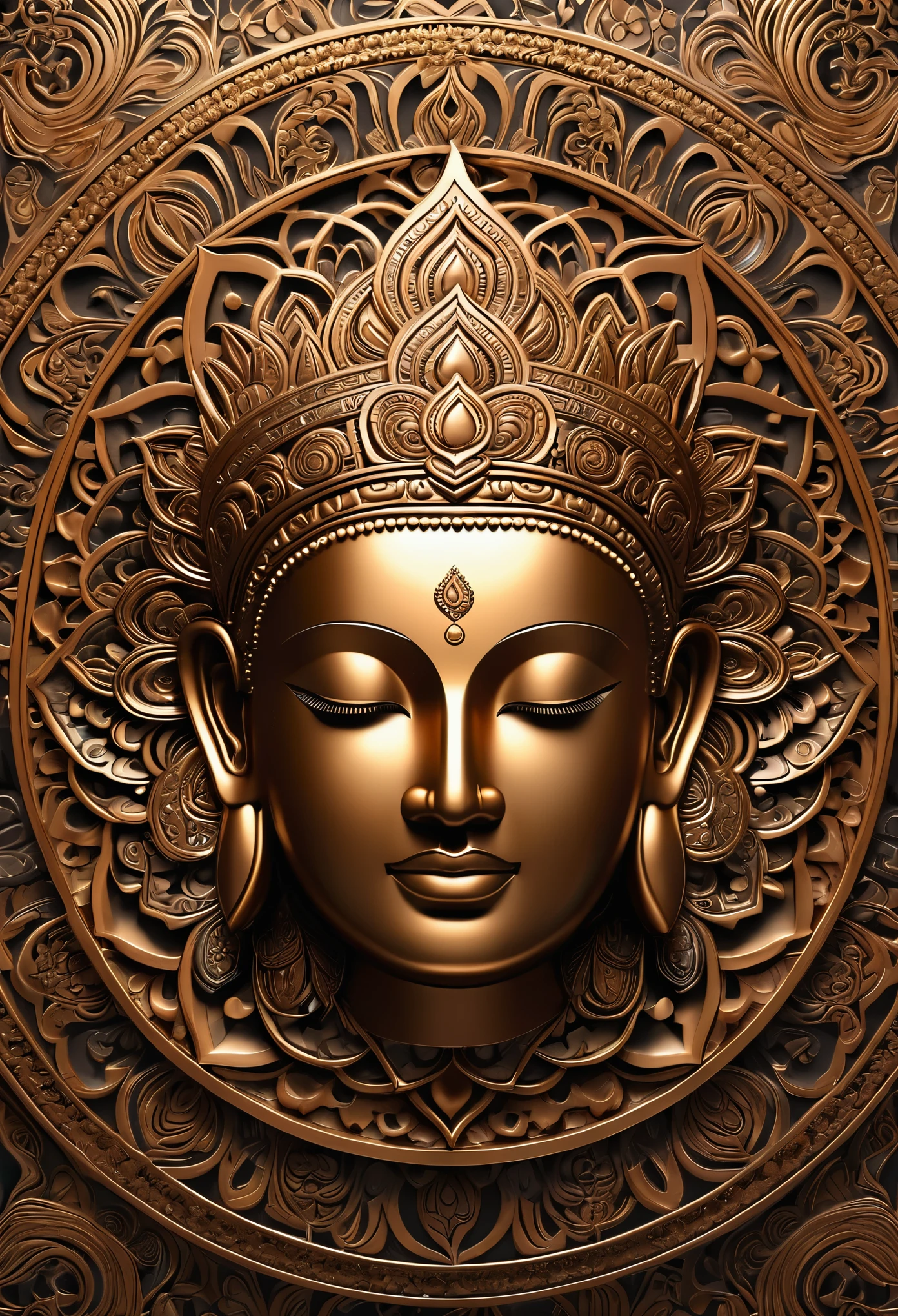 Create an image of a serene and meditative face with an intricate, ornate mandala pattern in the background. The face is adorned with a calm and peaceful expression, eyes closed in tranquility. It should have a three-dimensional effect with a strikingly realistic quality, as if carved from a dark, lustrous material like burnished bronze. A single candle with a gentle flame sits perfectly balanced on the forehead, just above the brows, symbolizing enlightenment. The candle flame is bright and clear, casting a warm light that highlights the smooth contours of the face. The background mandala is complex and detailed, filled with fine swirls and floral designs, suggesting a rich tapestry or an elaborate carving on an ancient temple wall. The overall tone of the image is one of deep reflection and inner peace."