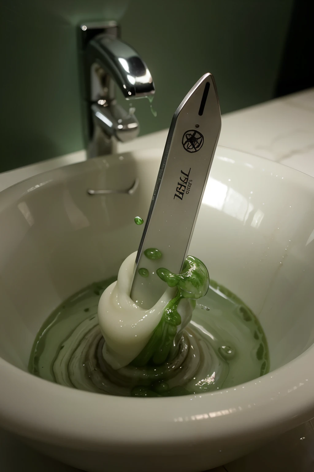 Image of a razor blade immersed in a green bubbling liquid
