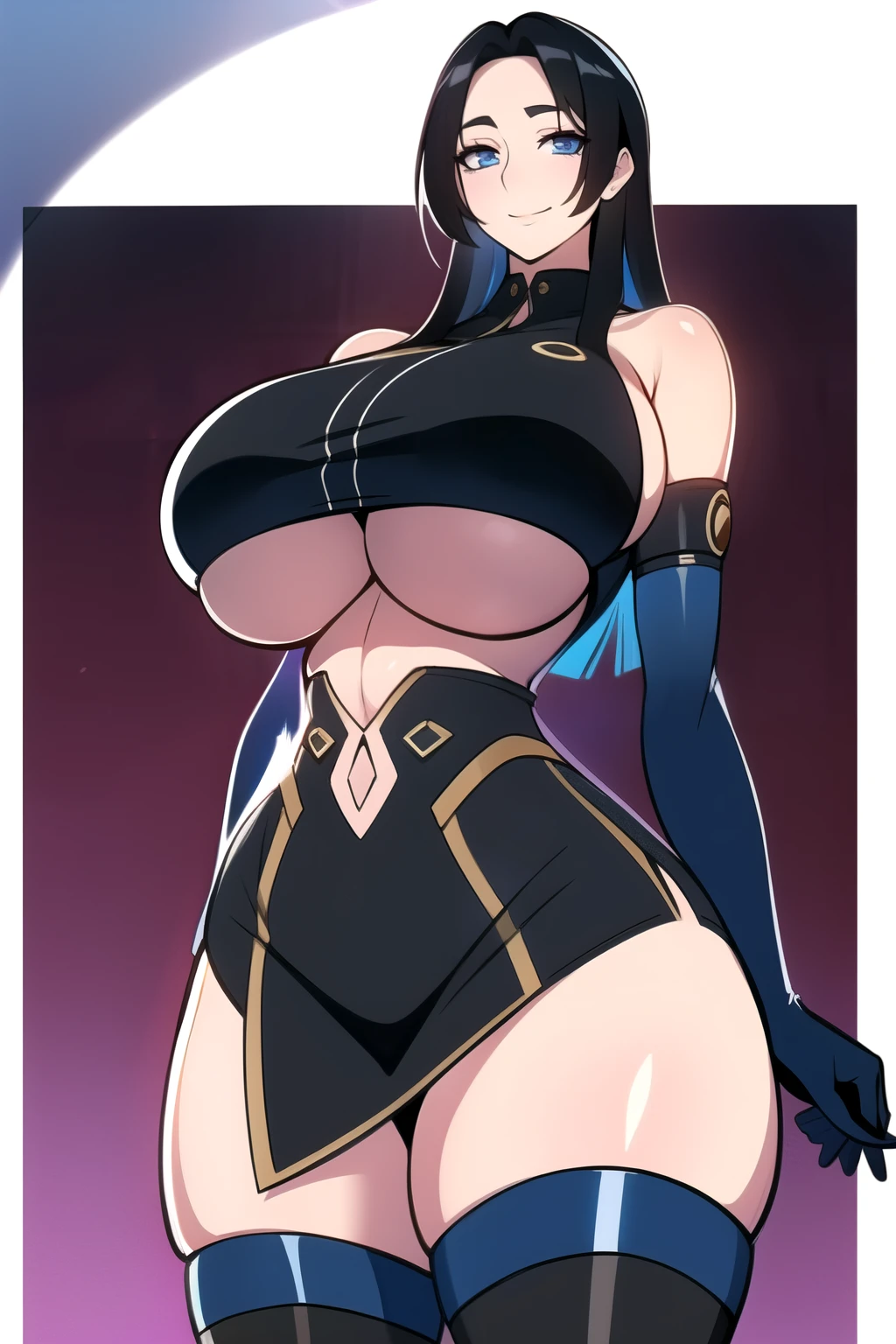 masterpiece, best quality, absurdres, 8k, perfect shadows,perfect lighting,hdr, cowboy shot,shiny skin, beautiful body, ((black hair: 1.4)), long hair, (blue eyes: 1.4), ((black crop top : 1.1), (underboob : 1.1), elbow gloves, thigh boots, split skirt, bare shoulders, curvy, midriff, curvy, thighs, higheels, shiny clothes), complex detailed background, inside, luxury palace) (gigantic breasts,hourglass body, thin waist,very slim waist)extremely detailed face, detail face, nice detailed eyes,nice hands, perfect hands (realistic pupils,realistic iris:1) ,glowing eyes, Bright eyes,standing,standing at attention,(seductive smile), (gigantic breasts: 1.1) , curvy, cowboy shot