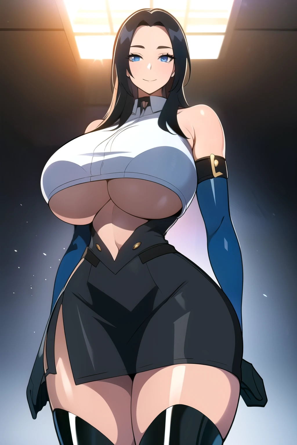 masterpiece, best quality, absurdres, 8k, perfect shadows,perfect lighting,hdr, cowboy shot,shiny skin, beautiful body, ((black hair: 1.4)), long hair, (blue eyes: 1.4), ((black crop top : 1.1), (underboob : 1.1), elbow gloves, thigh boots, split skirt, bare shoulders, curvy, midriff, curvy, thighs, higheels, shiny clothes), complex detailed background, inside, luxury palace) (gigantic breasts,hourglass body, thin waist,very slim waist)extremely detailed face, detail face, nice detailed eyes,nice hands, perfect hands (realistic pupils,realistic iris:1) ,glowing eyes, Bright eyes,standing,standing at attention,(seductive smile), (gigantic breasts: 1.1) , curvy, cowboy shot