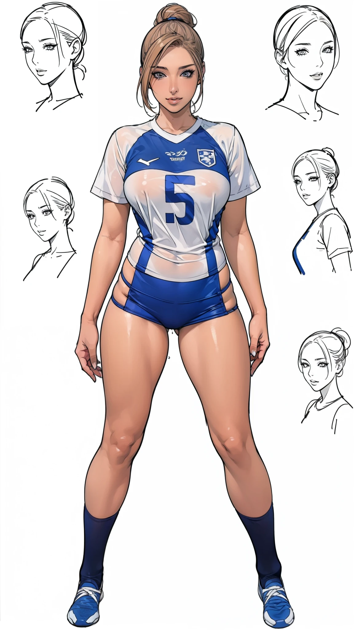 ((masterpiece)),(((best quality))),((character design sheet)),((rough sketch)),((vulgar)),thick thighs,1girl,big tits,((between breasts)),pussy juice,wearing an Wet sexual soccer uniform and soccer shoes,shirt harf lift