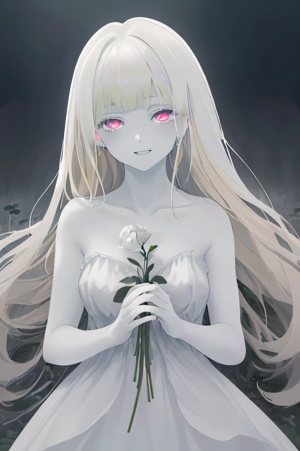 (high quality, High resolution, small details), (midnight:1.3), (dark background:1.3), white dress, fog garden, unforgettably beautiful, fantastic lighting, soft pastel colors, alone, curvaceous woman, blonde, (pale shining eyes:1.5), (fine eyes:1.2), grin and laugh, shallow depth of field