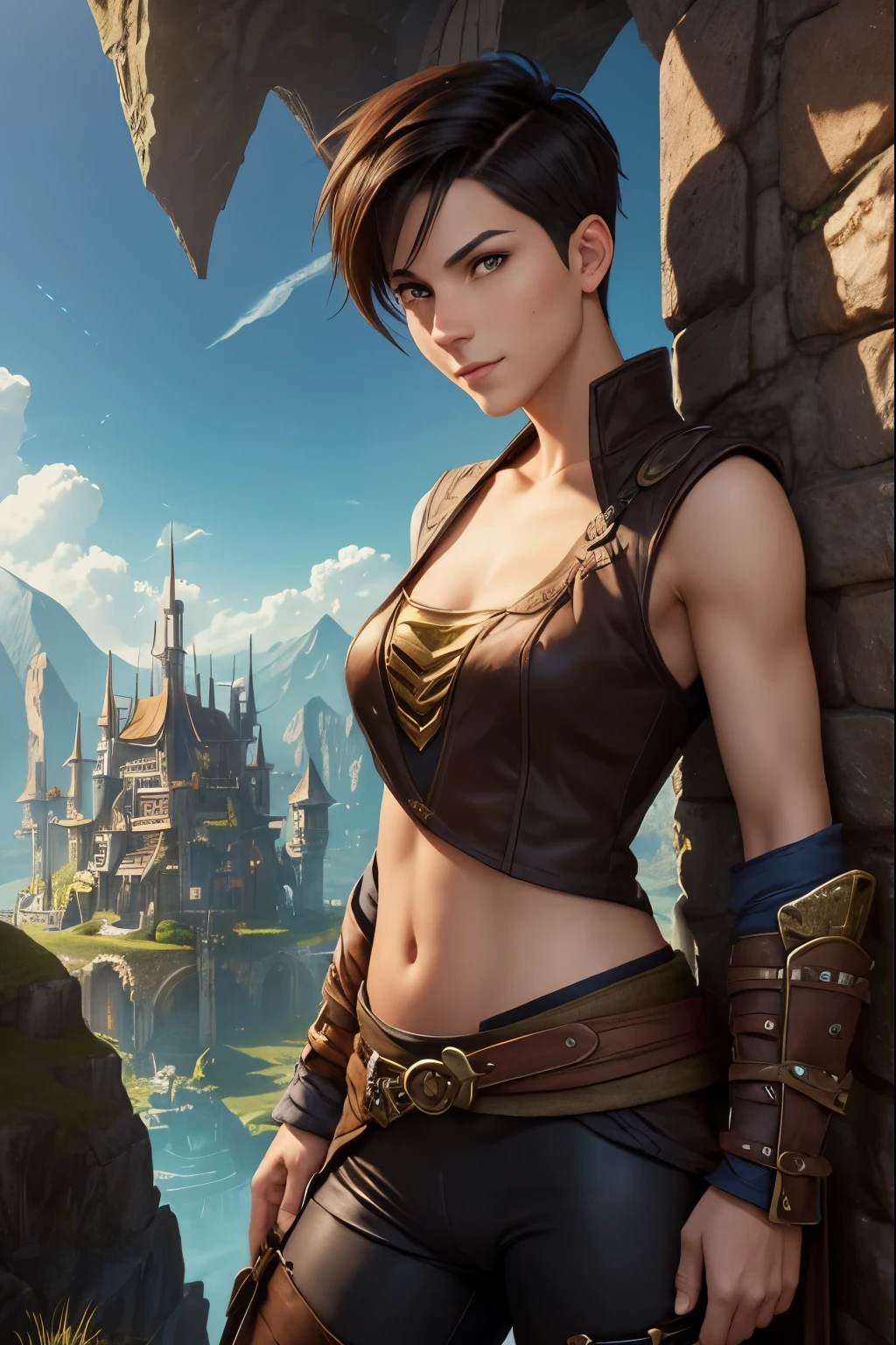 A happy young woman with an undercut in a fantasy setting. An adventurer and a rogue. Very androgynous looking. In a good mood. Sympathic. Tomboyish. Androgynous. Slim body. Very . Very small breasts. Wide hips. Thick legs. Face: Extremly pale skin with liverspots and freckles. Soft narrow face with a round chin. Soft small jaw. Big forehead. Very thin barely visible eyebrows. Upturned big dark-brown eyes. Dark-brown eyecolour. Very long and wide nose. Big curved lips. Very short dark-brown hair. A boyish short haircut. Undercut. Sides shaved. A tight fantasy outfit of a lonley adventurer and rogue with a tank top. Background: A colorful and vast huge fantasy renaissance city. Beutiful bright colours. A vast medieval fantasy metropolis.